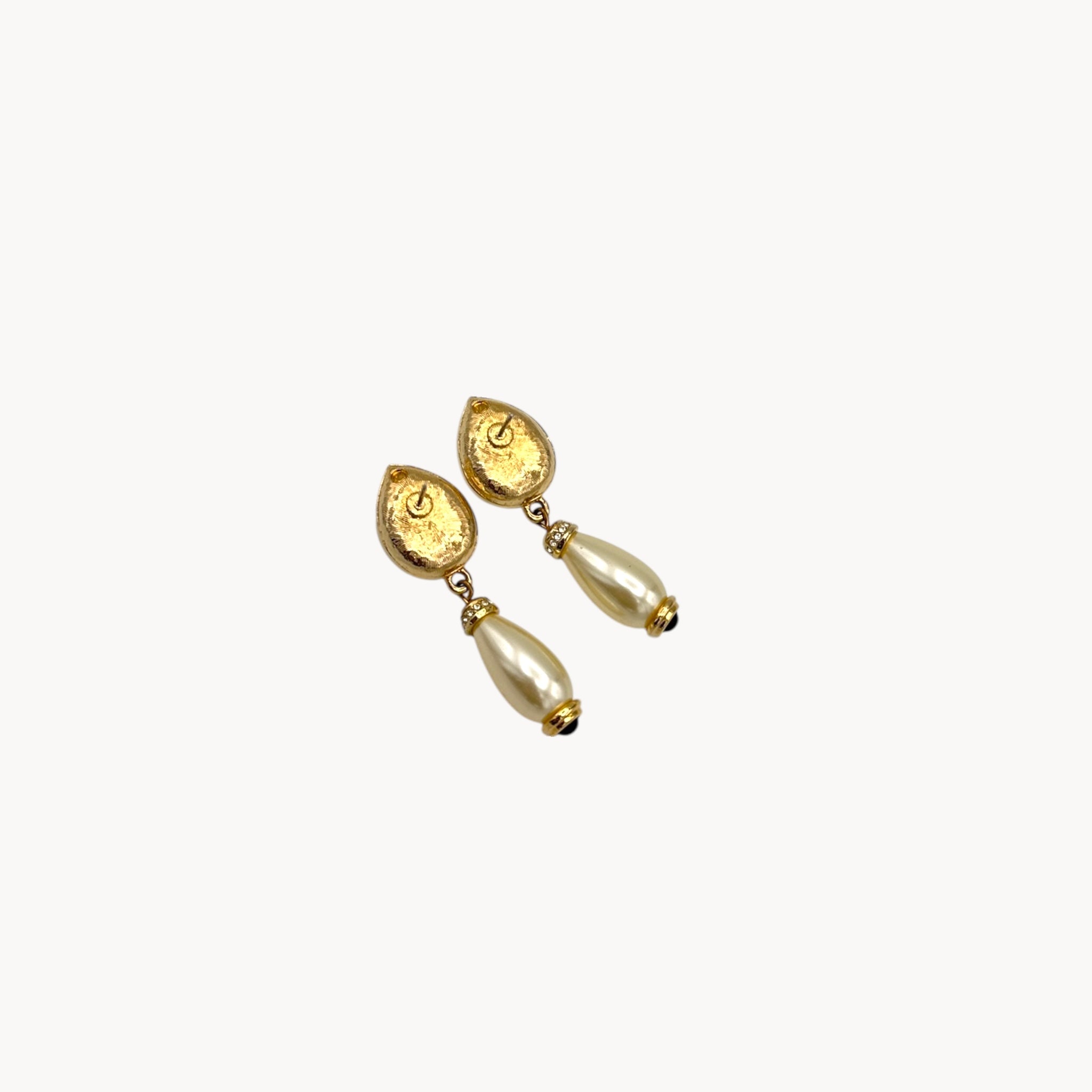 Back view of Swarovski Crystal & Faux Pearl Drop Pierced Earrings on white background.