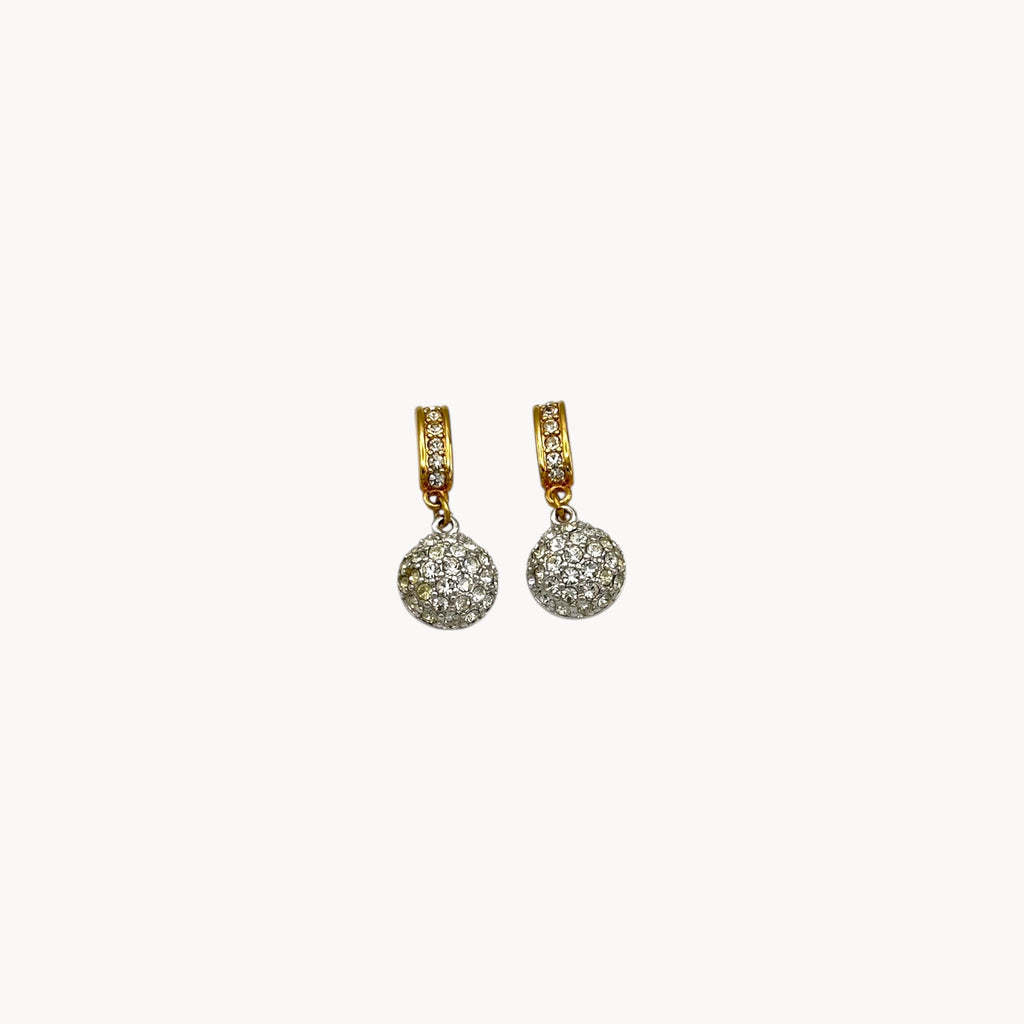 Vintage Swarovski gold and crystal pavé dangle earrings with hoop top and round drop, vintage bridal jewelry.