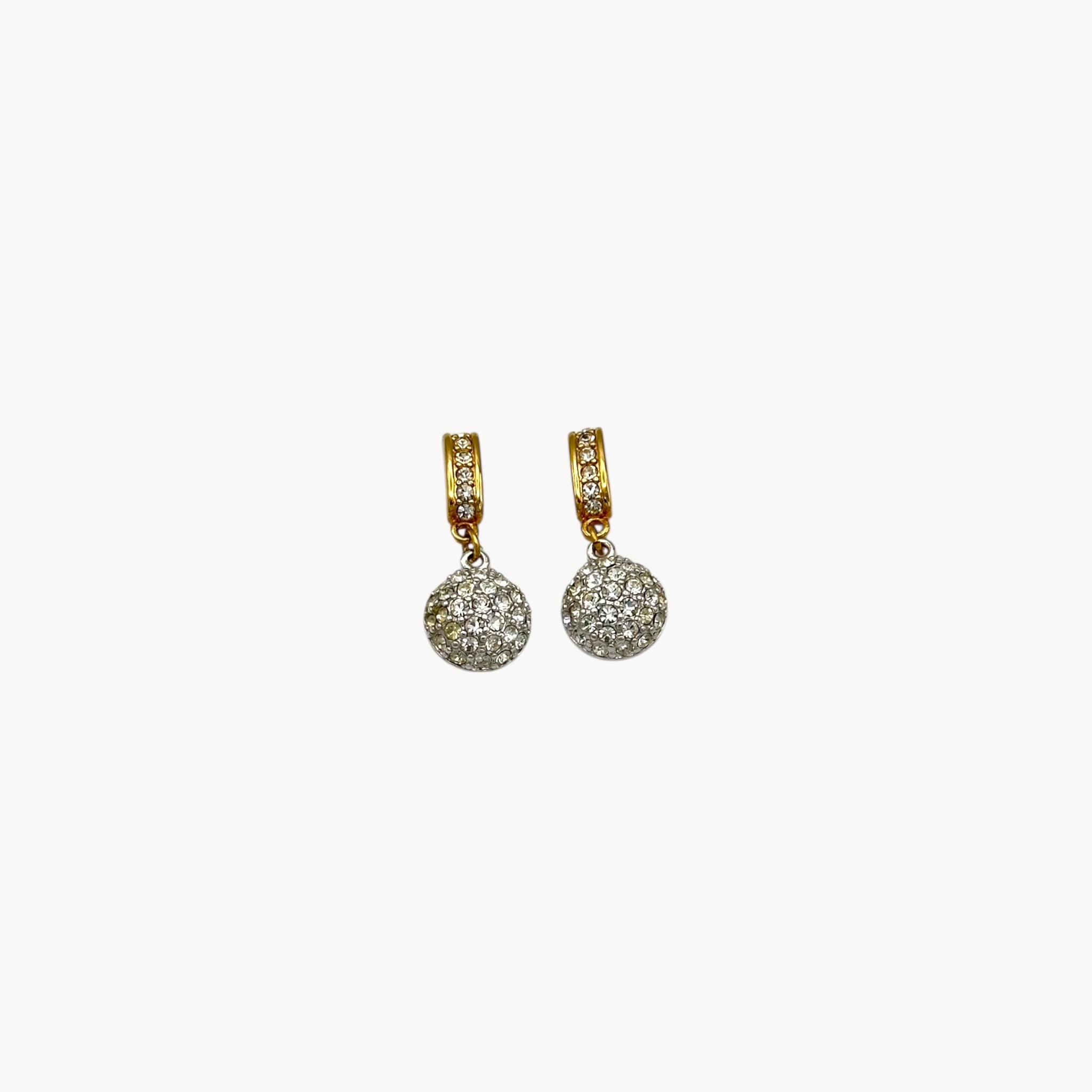 Vintage Swarovski gold and crystal pavé dangle earrings with hoop top and round drop, vintage bridal jewelry.