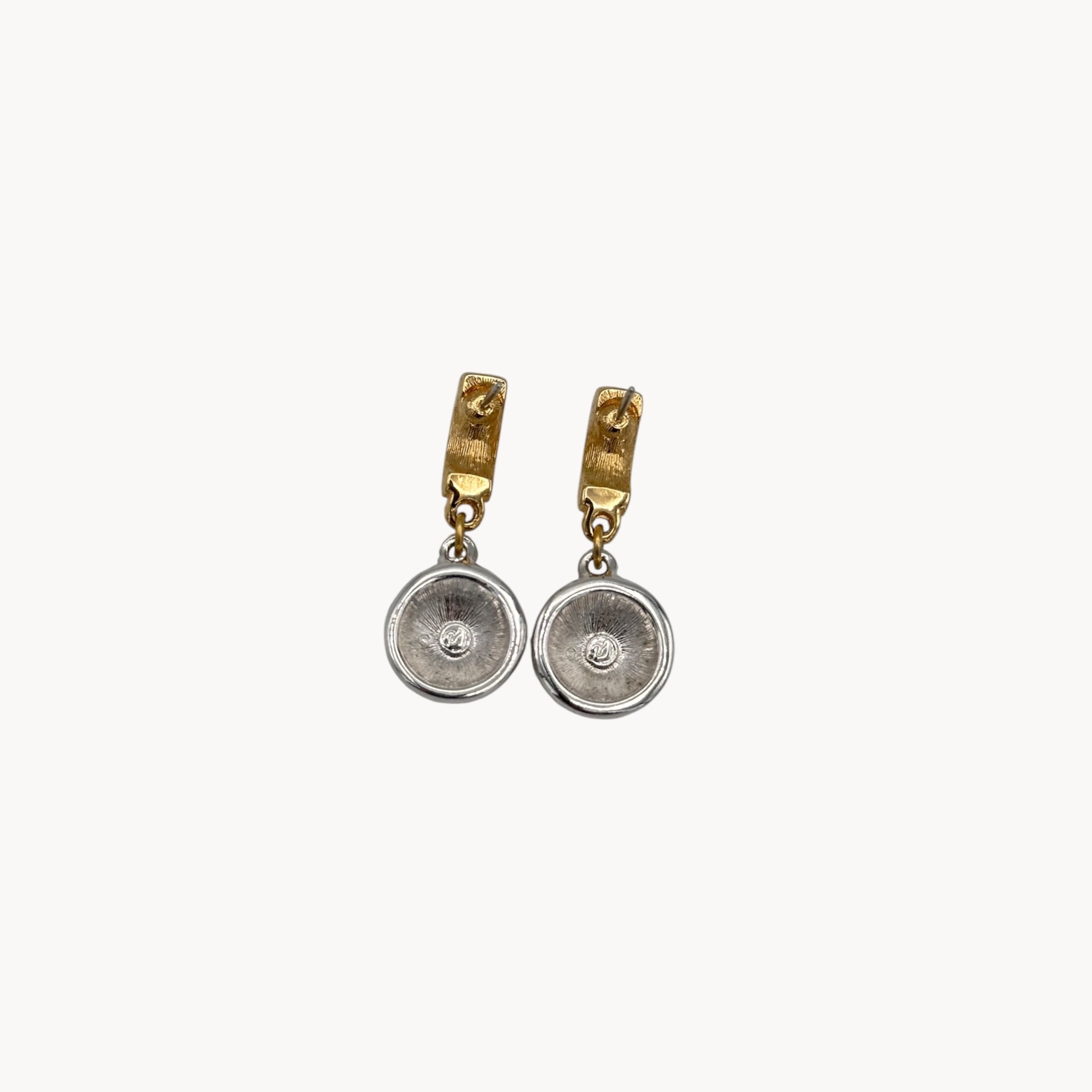 Back view of vintage Swarovski gold and crystal pavé dangle earrings with hoop top and round drop, vintage bridal jewelry.