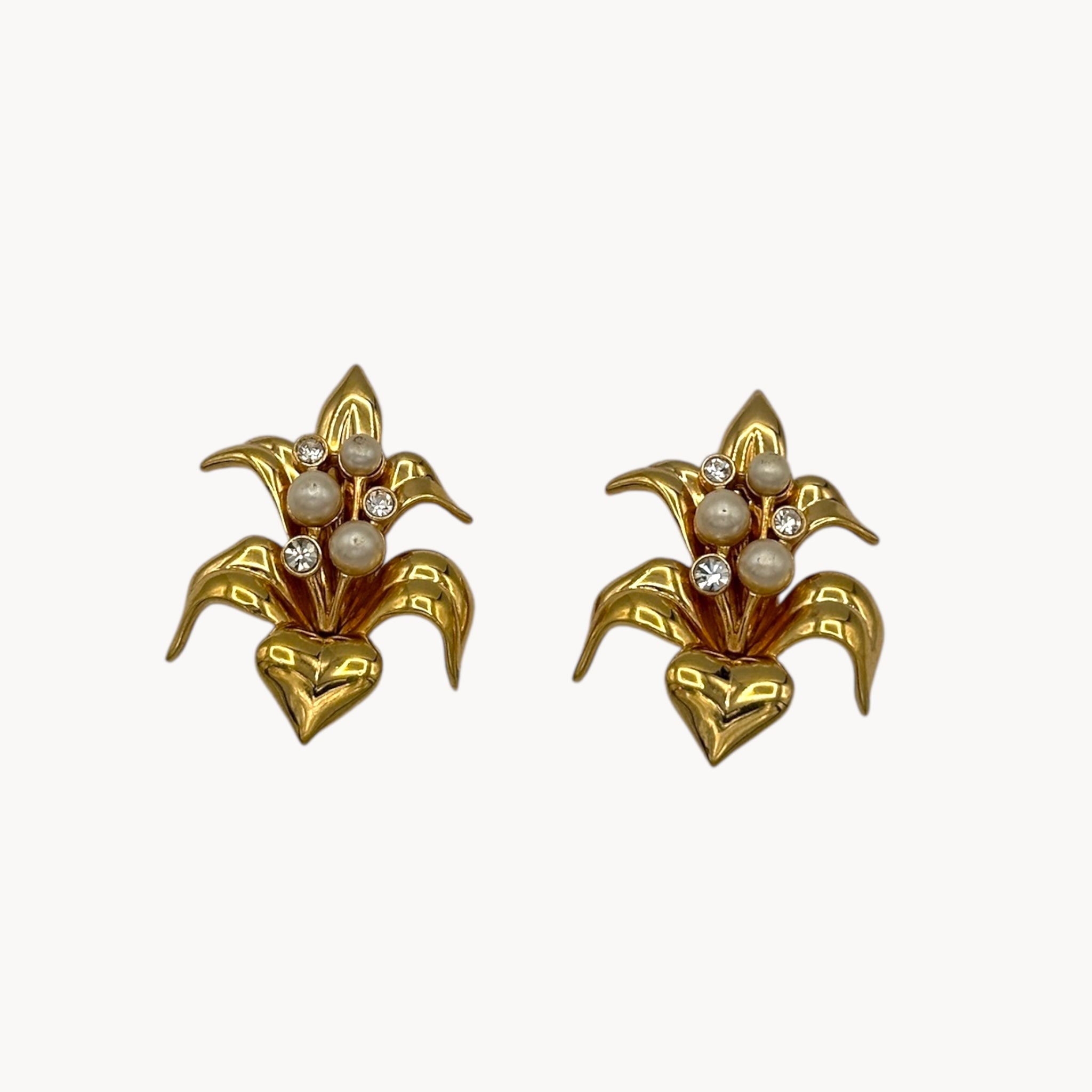 Vintage Swarovski SAL Gold Floral Pearl & Crystal Clip-On Earrings