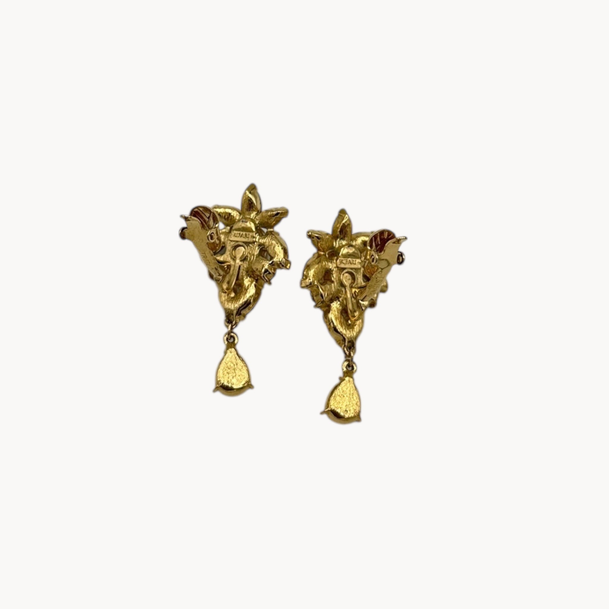 Back view with clips open 1990s Trifari faux pearl and crystal clip-on earrings in gold-tone with teardrop design, vintage bridal jewelry.