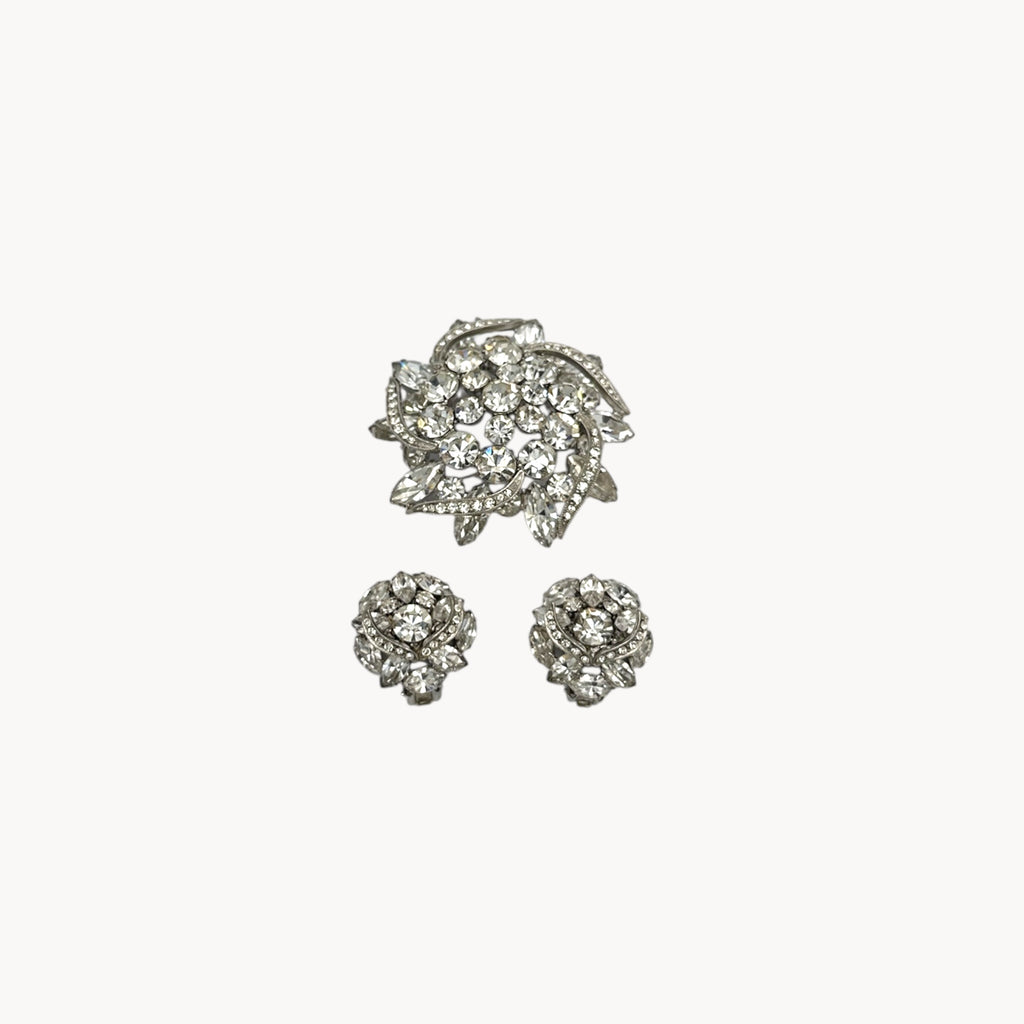 Weiss rhinestone brooch and earring set with vintage floral design