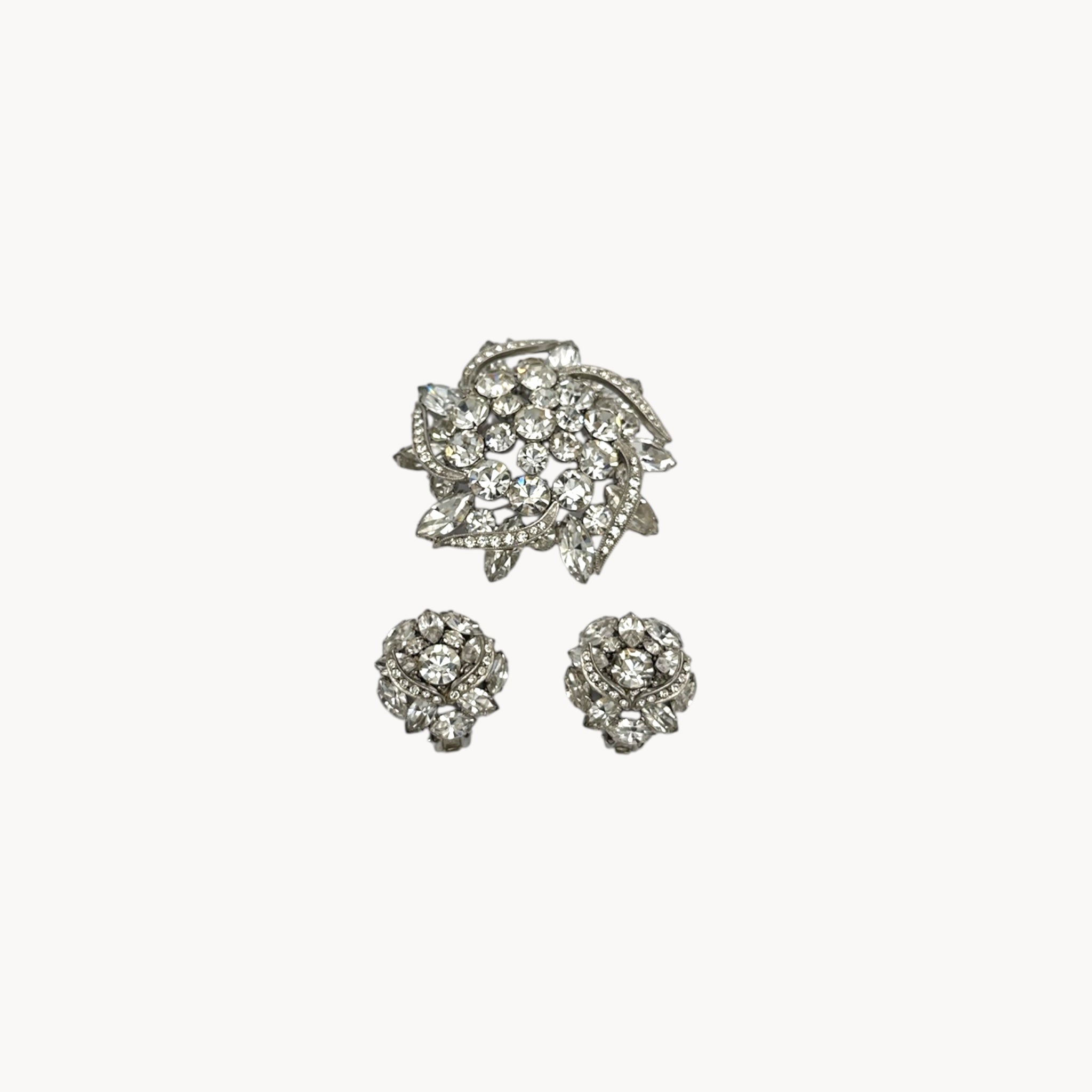 Weiss rhinestone brooch and earring set with vintage floral design