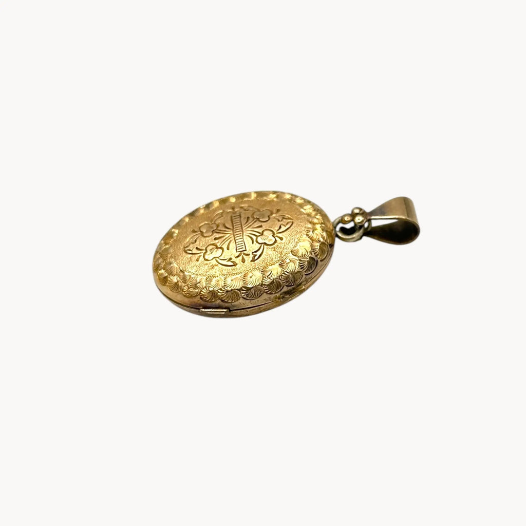 Other side view Antique gold-filled etched floral locket with ornate border, Victorian keepsake pendant.
