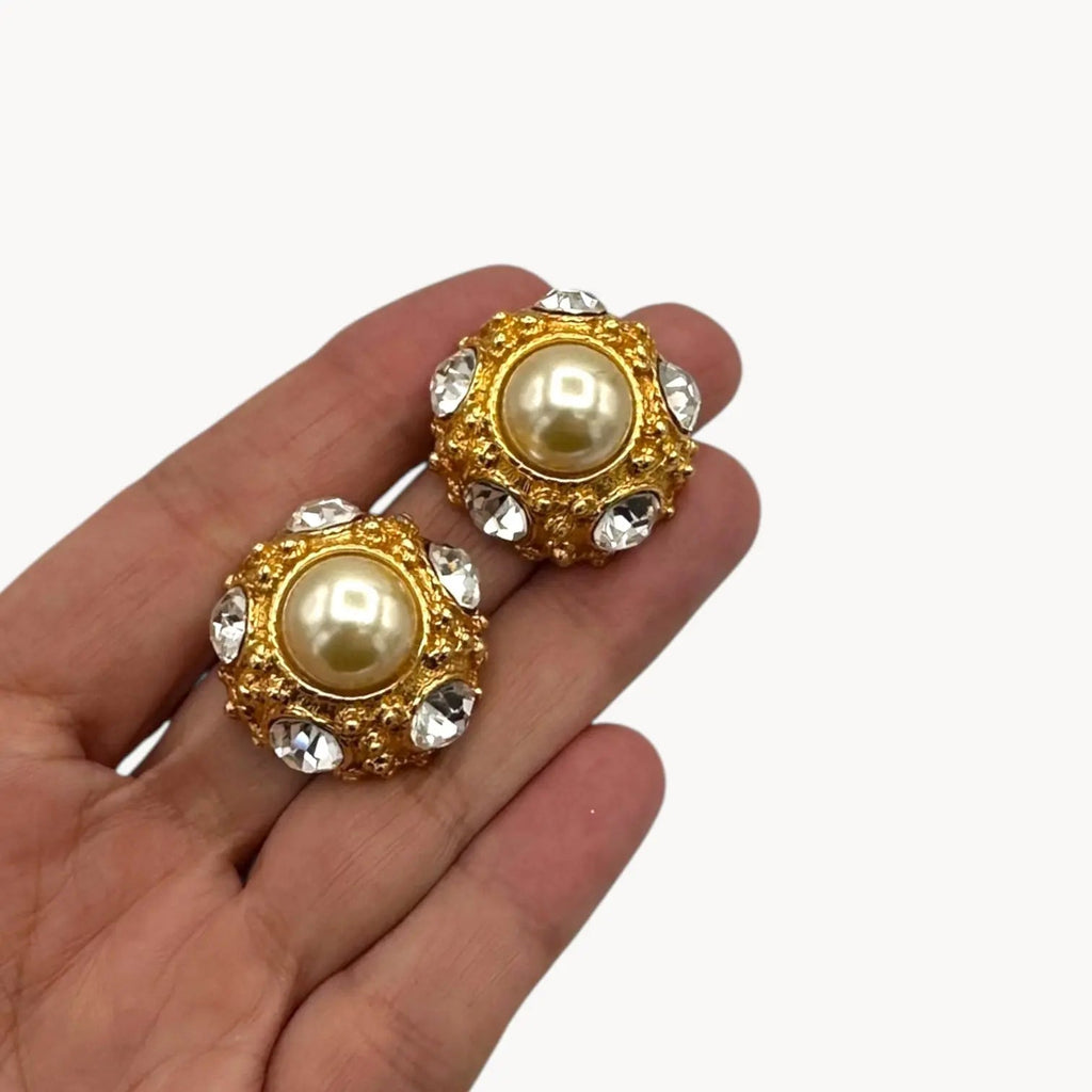 Scale image of Vintage Blanca pearl and rhinestone gold-tone clip-on earrings.