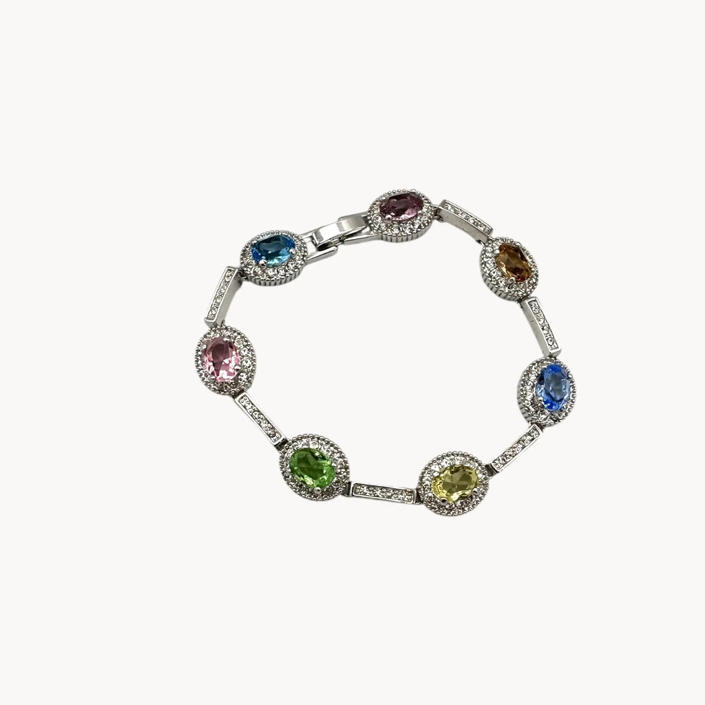 Clasped view of Camrose and Kross Jacqueline Kennedy JBK replica bracelet with multicolor stones and crystal accents
