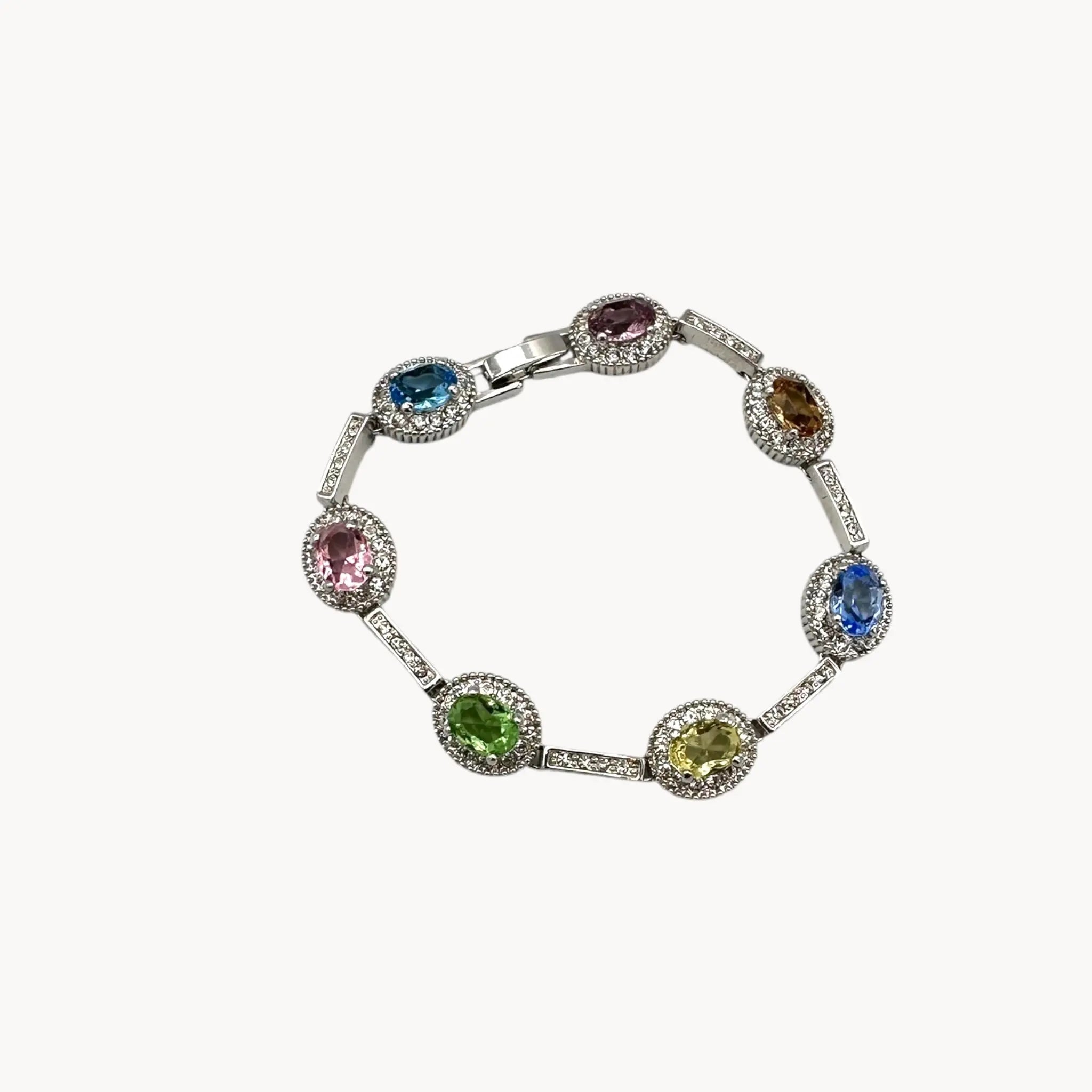 Clasped view of Camrose and Kross Jacqueline Kennedy JBK replica bracelet with multicolor stones and crystal accents
