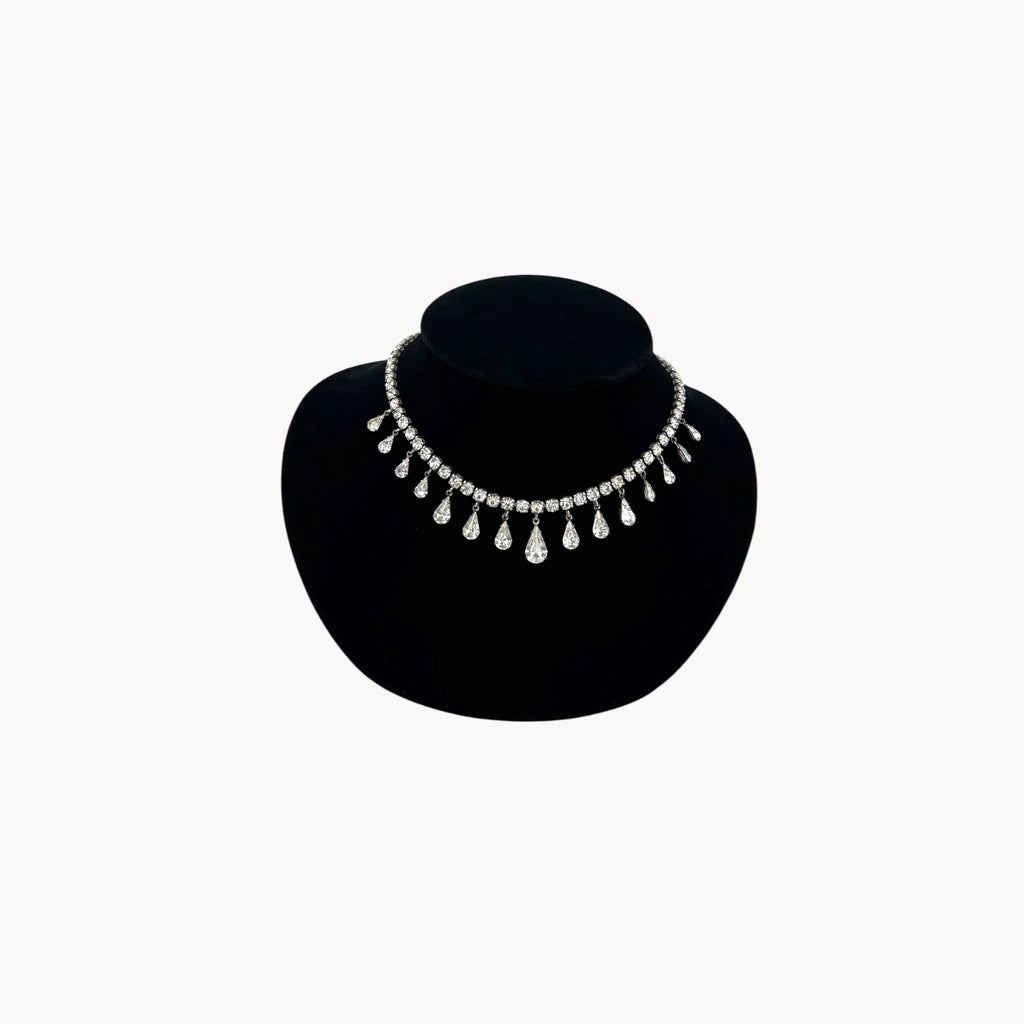 Coro sterling silver Art Deco necklace with teardrop rhinestone pendant.