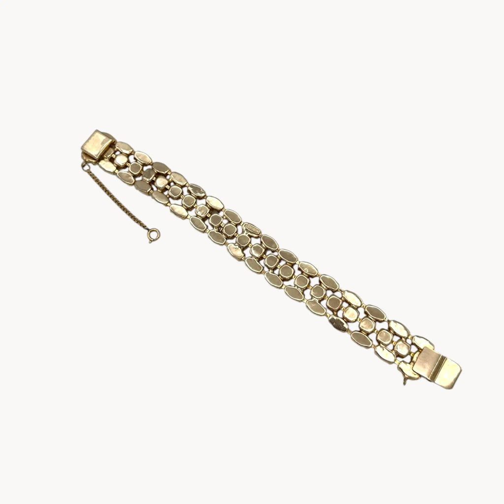 Back view of Mid-century Eisenberg bracelet with white milk glass and rhinestones, double-row design.