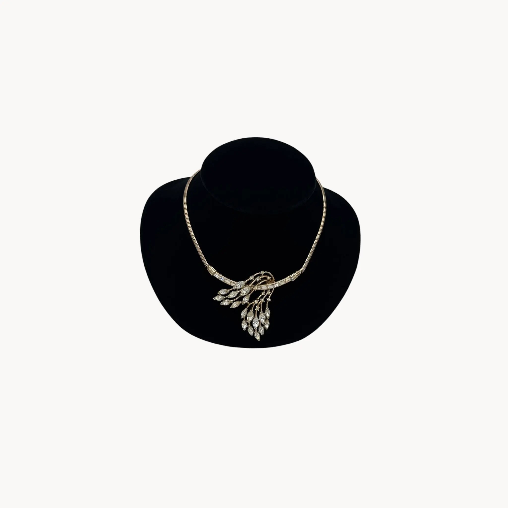 1950s Trifari rhinestone necklace with marquise spray design on snake chain, vintage mid-century bridal jewelry.