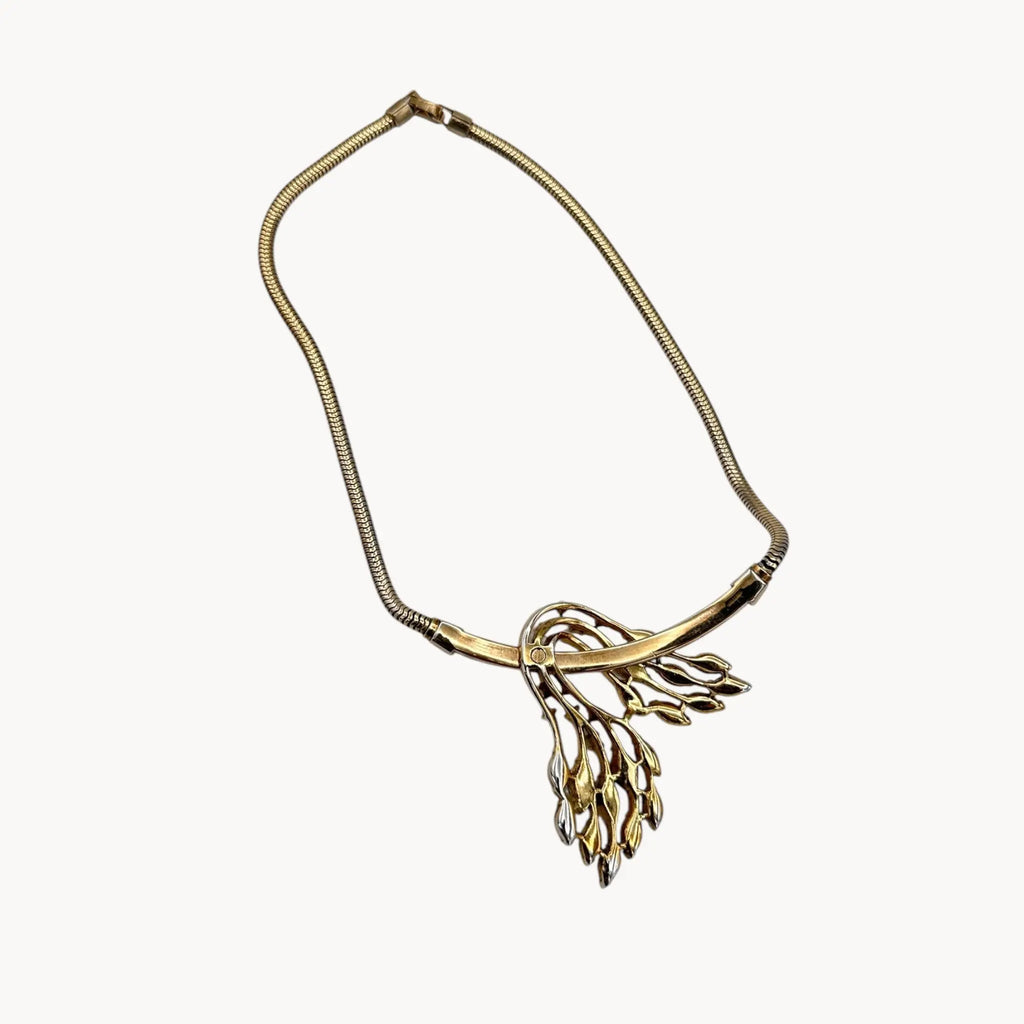 Back view of 1950s Trifari rhinestone necklace with marquise spray design on snake chain, vintage mid-century bridal jewelry.