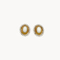 Gold Joseph Mazer Jomaz White Cabochon & Rhinestone Earrings shown on white background.
