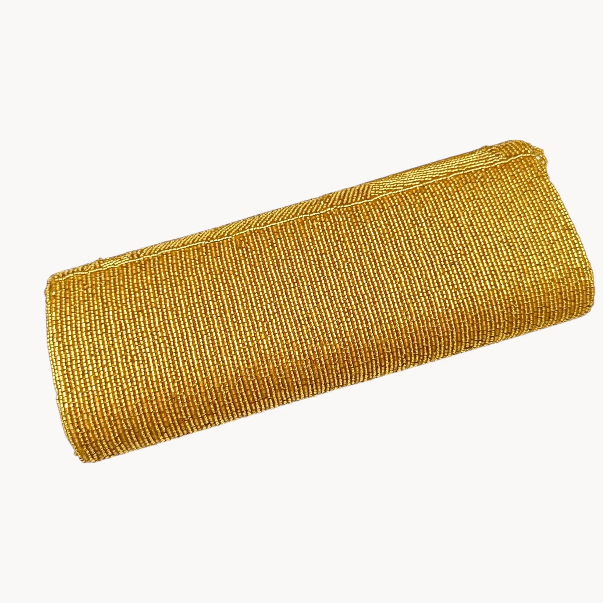 Back view of La Regale vintage gold beaded clutch crossbody handbag, evening bag on white background.