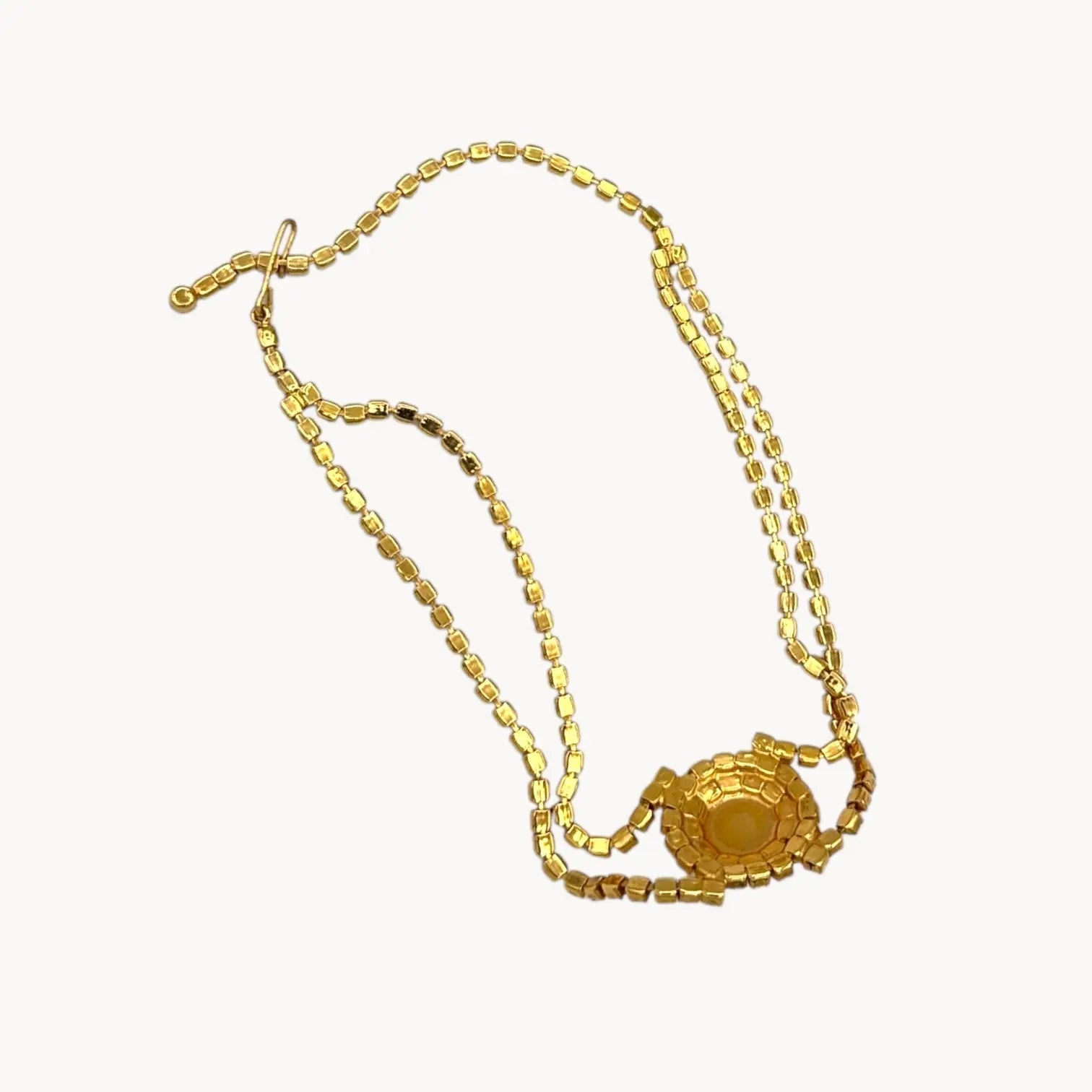 Back view of Mid-century milk glass rhinestone bridal choker necklace with central pearl medallion.