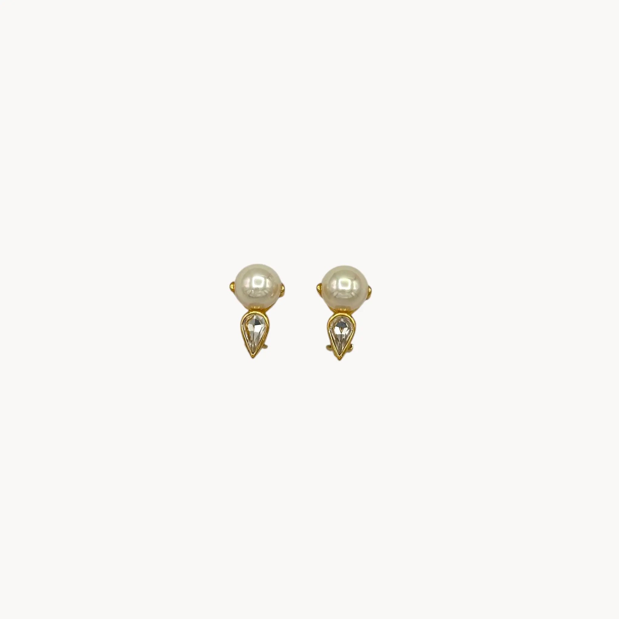 Nina Ricci vintage faux pearl and crystal teardrop clip-on earrings, 1980s bridal jewelry.