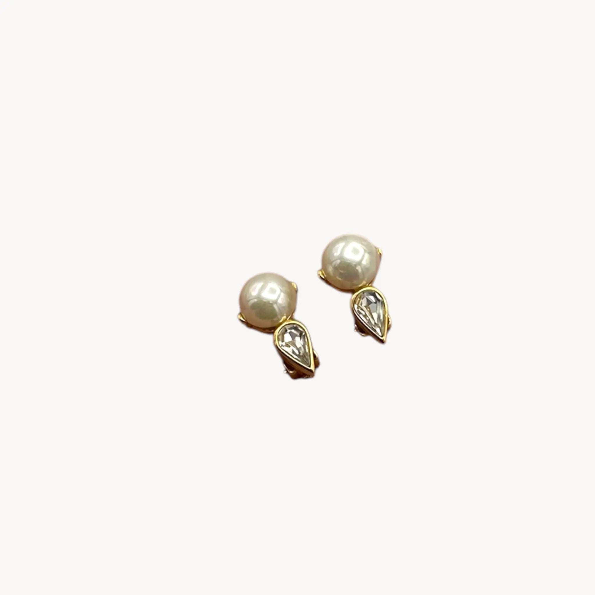 Nina Ricci vintage faux pearl and crystal teardrop clip-on earrings, 1980s bridal jewelry.
