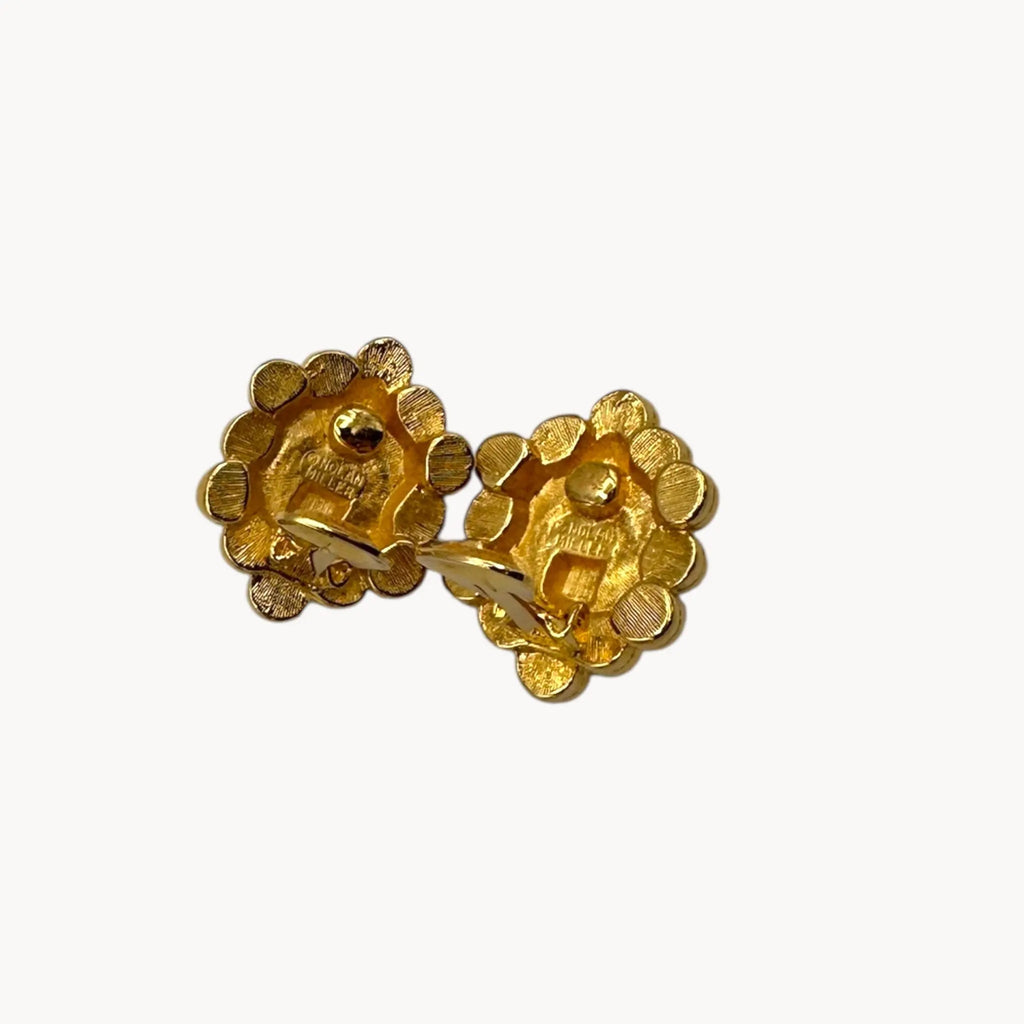 Nack view with clips up of Nolan Miller gold rhinestone cluster clip on earrings