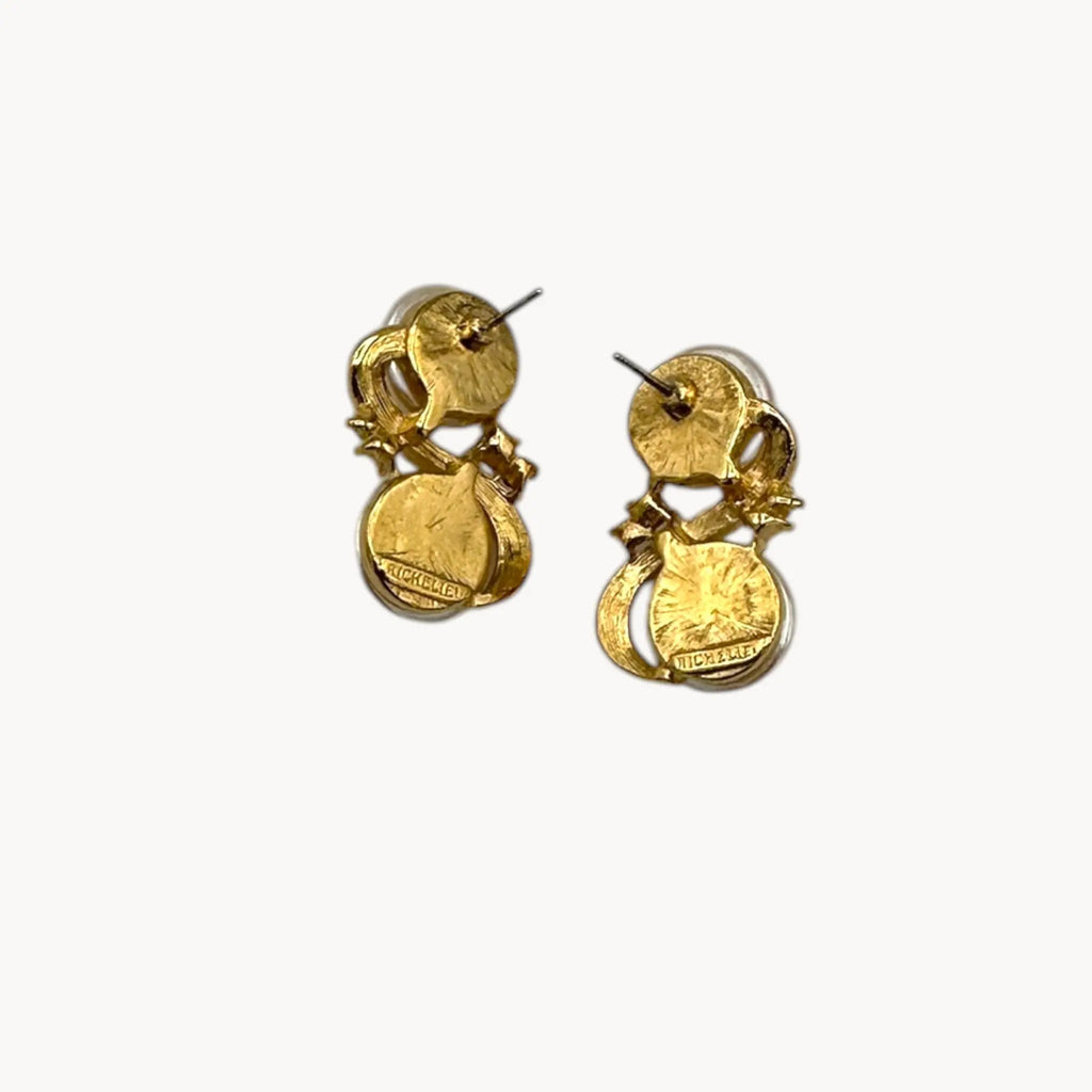 Back view of Richelieu vintage gold tone pierced earrings with double faux pearls and rhinestone accents, elegant 1980s bridal jewelry shown on white background.