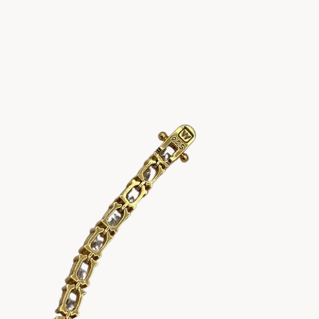 Back view of Sterling silver vermeil CZ tennis bracelet with brilliant round stones, vintage bridal and evening jewelry.