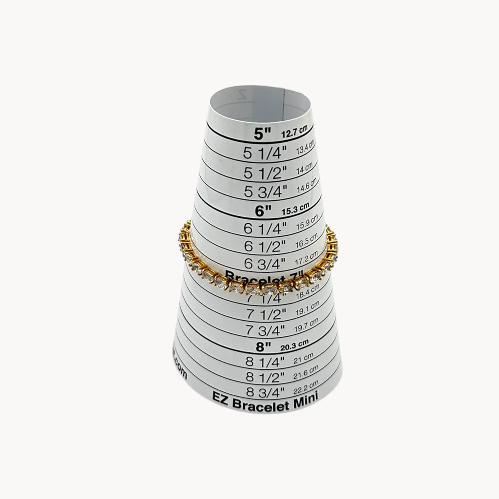 Size view of Sterling silver vermeil CZ tennis bracelet with brilliant round stones, vintage bridal and evening jewelry.