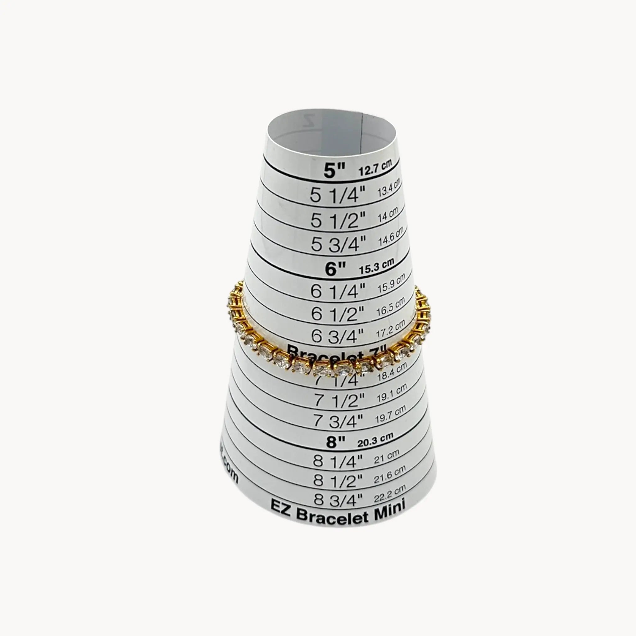 Size view of Sterling silver vermeil CZ tennis bracelet with brilliant round stones, vintage bridal and evening jewelry.