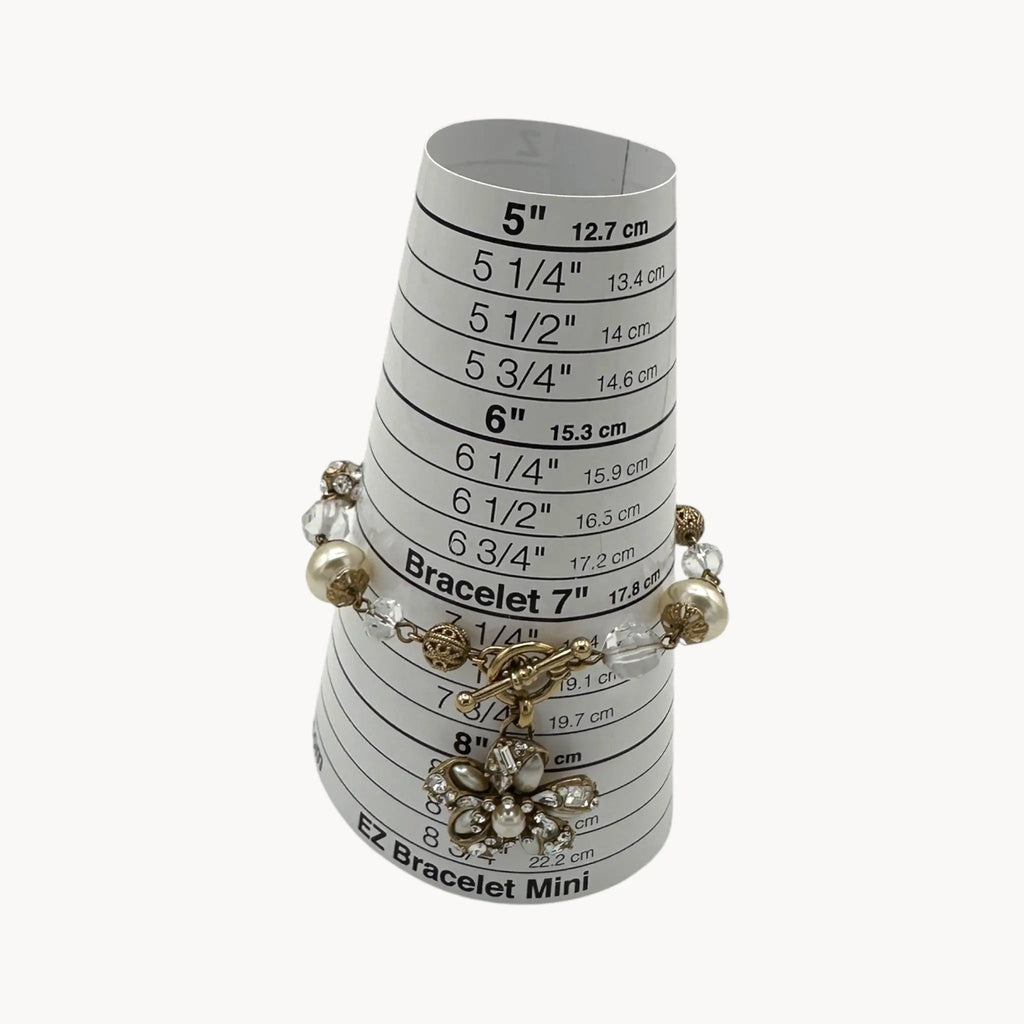 Size view of Sweet Romance floral charm bracelet with pearls and rhinestones