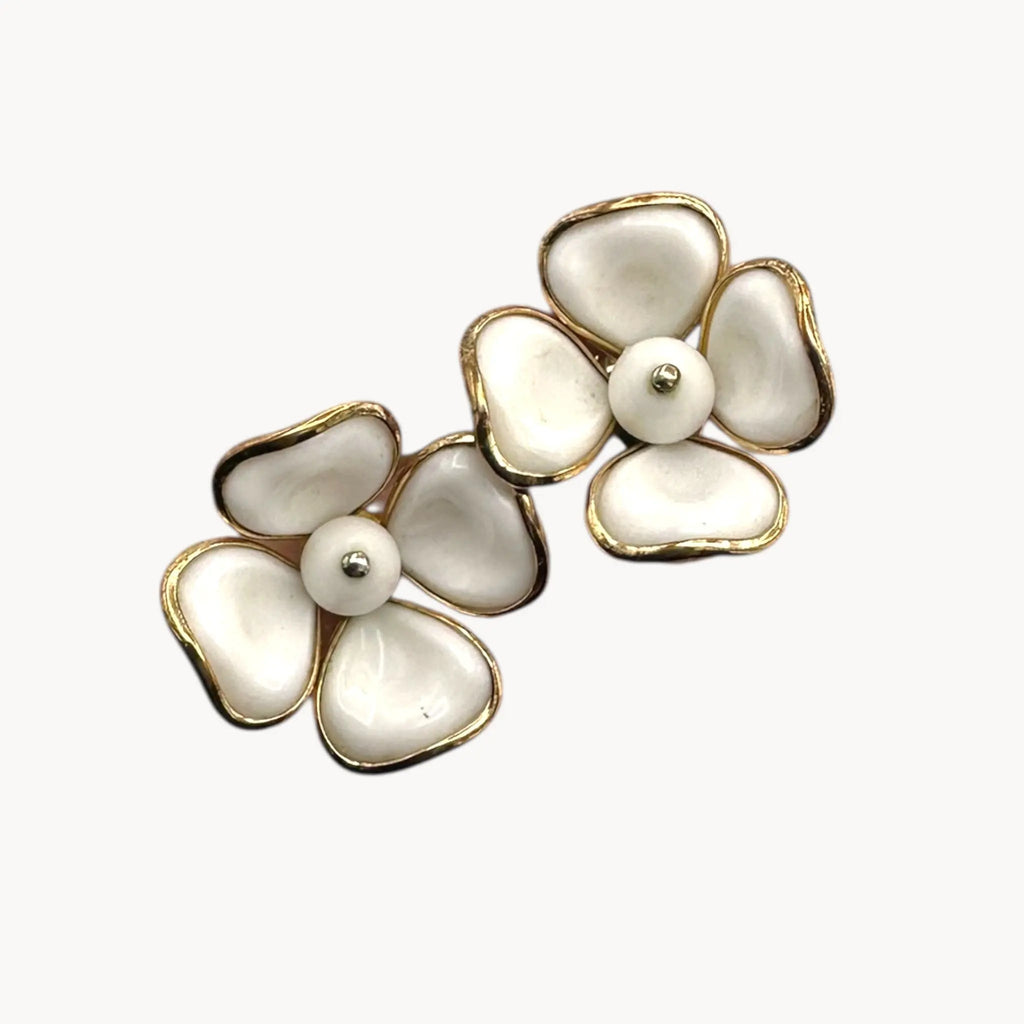 Trifari Dogwood Flower Milk Glass Gold Clip-On Earrings