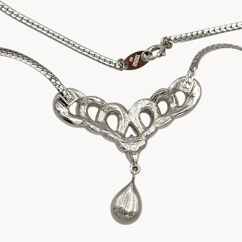 Back view of Shop Trifari 1980s rhinestone drop necklace with sparkling teardrop centerpiece. Elegant vintage bridal jewelry for ceremonies, receptions, and collectors.