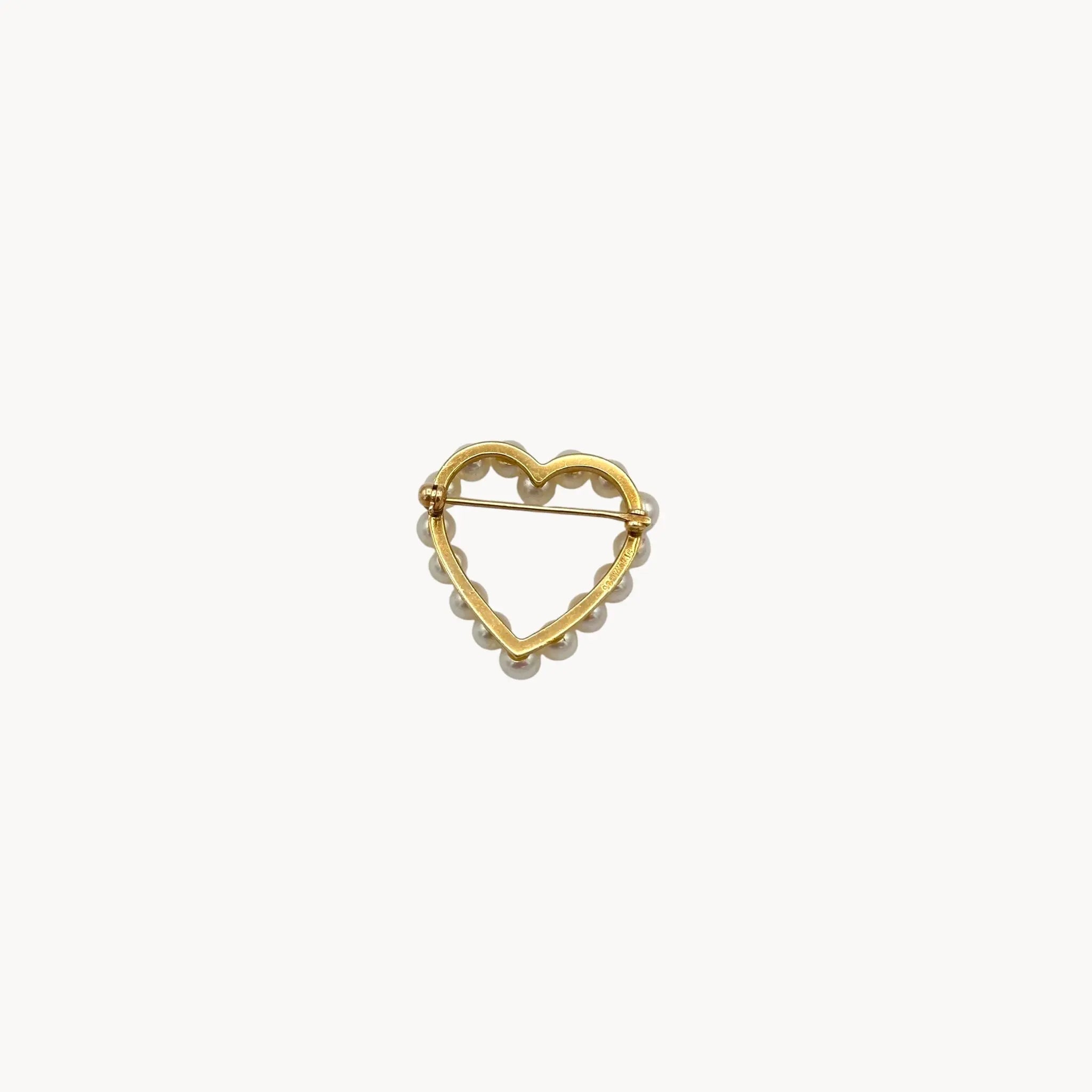 Back view of Vintage 14K gold heart brooch with cultured pearls in a romantic design.