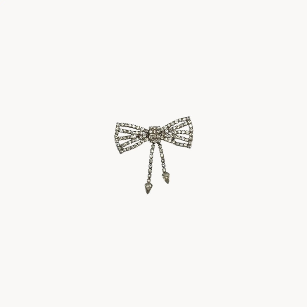 Vintage Art Deco style rhinestone bow brooch with dangle drops.