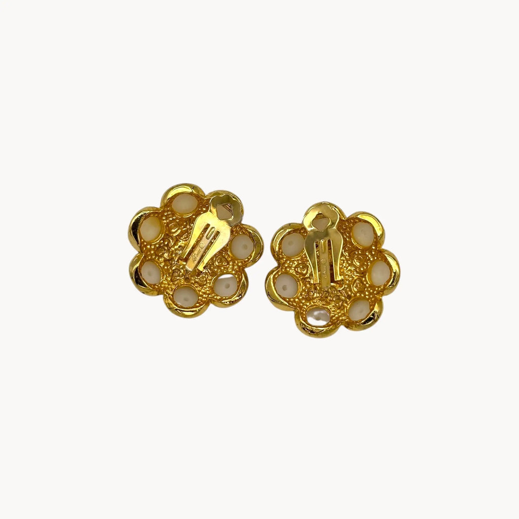 back view Vintage Blanca clip-on earrings with faux pearl cluster and crystal accents in floral design, 1980s–1990s bridal jewelry.