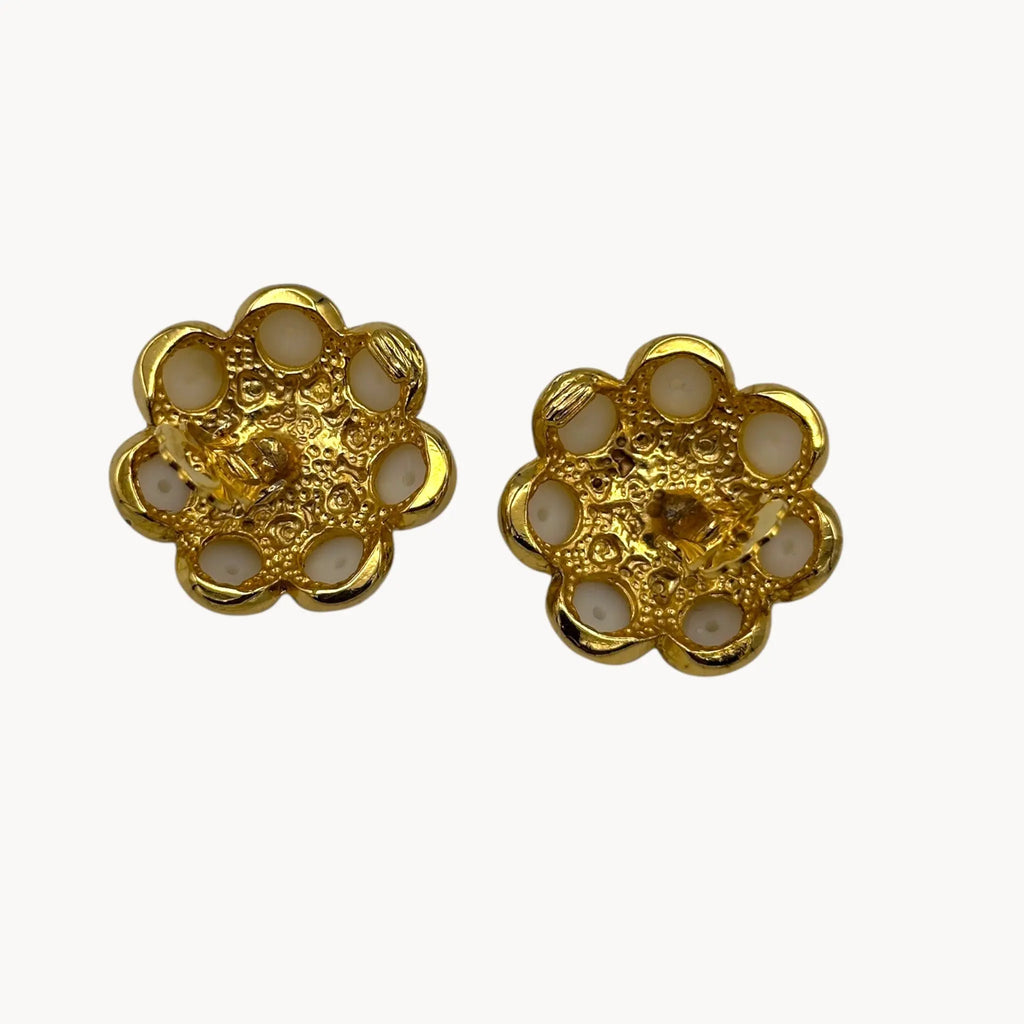 clip open back view Vintage Blanca clip-on earrings with faux pearl cluster and crystal accents in floral design, 1980s–1990s bridal jewelry.