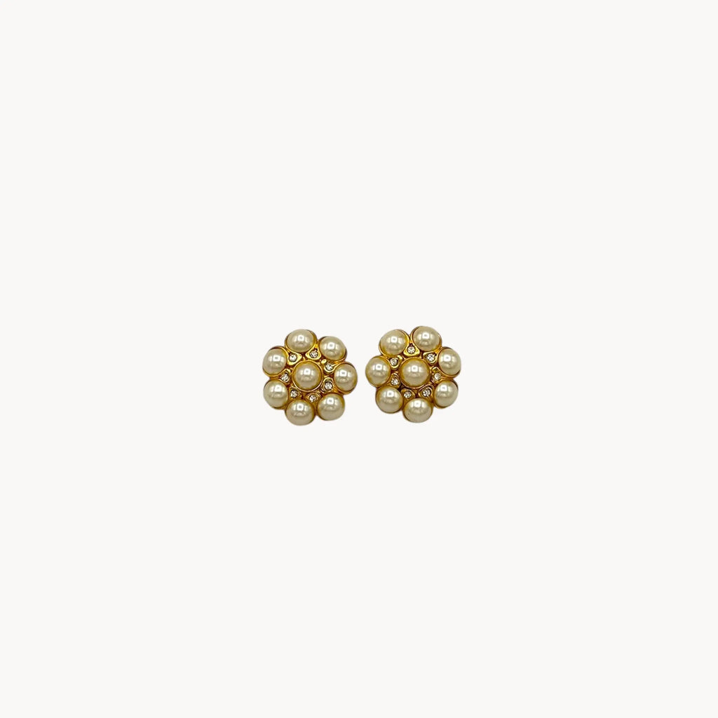 Vintage Blanca clip-on earrings with faux pearl cluster and crystal accents in floral design, 1980s–1990s bridal jewelry.