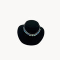 Vintage unmarked blue aurora borealis rhinestone necklace, 1950s–1960s mid-century bridal jewelry.