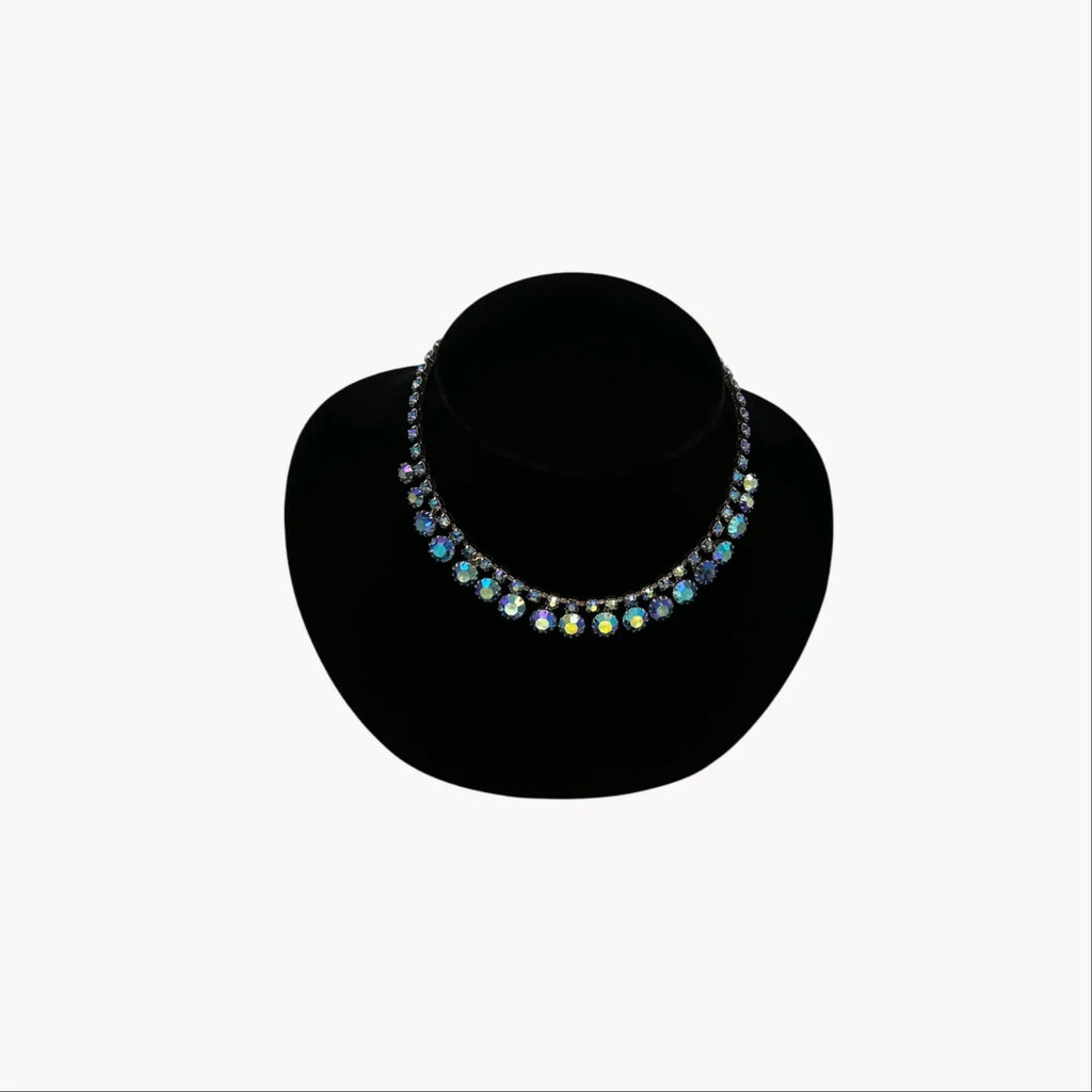 Close up “Vintage unmarked blue aurora borealis rhinestone necklace, 1950s–1960s mid-century bridal jewelry.