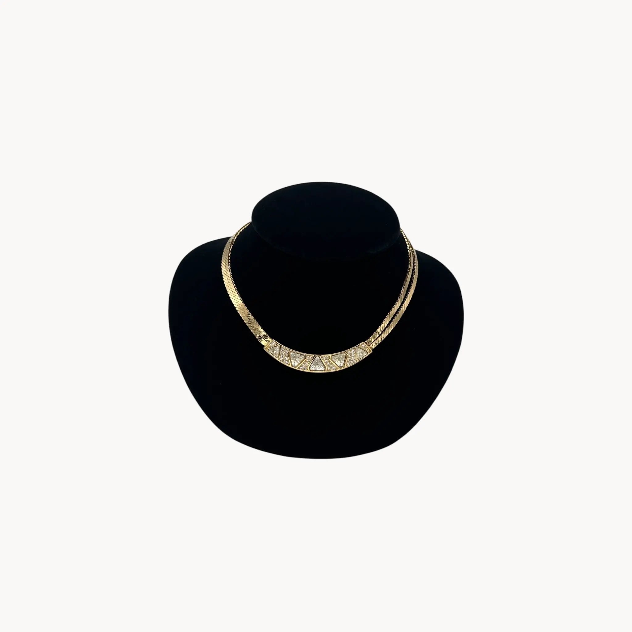 Vintage Christian Dior gold collar necklace with pavé crystal geometric accents, 1980s bridal statement jewelry.