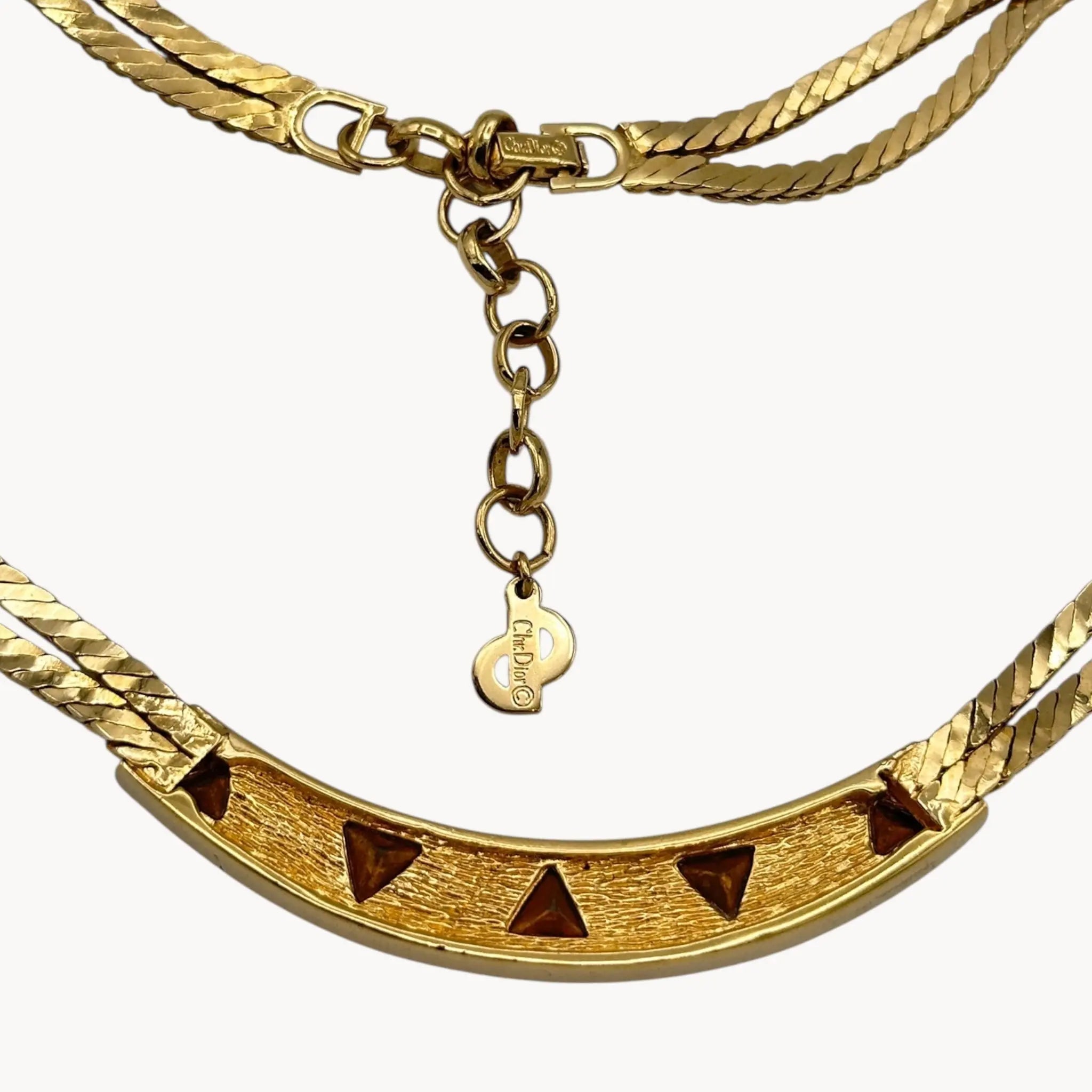 Back view Vintage Christian Dior gold collar necklace with pavé crystal geometric accents, 1980s bridal statement jewelry.