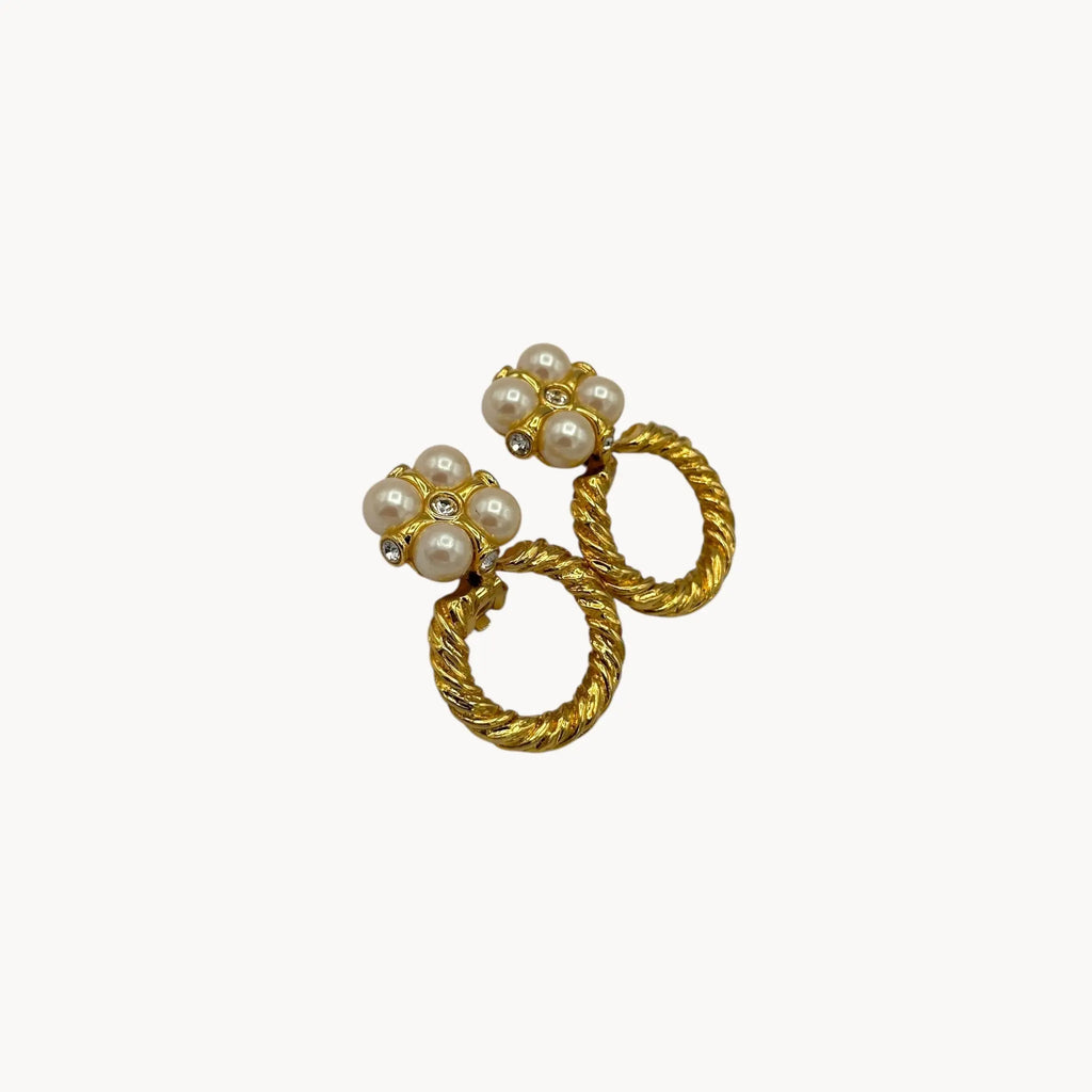 side view Vintage unmarked gold door knocker clip-on earrings with faux pearl clusters and crystal accents, 1980s–1990s bridal statement jewelry.