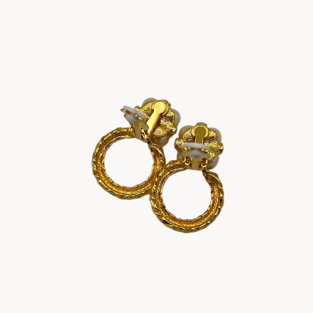 back view with clips up Vintage unmarked gold door knocker clip-on earrings with faux pearl clusters and crystal accents, 1980s–1990s bridal statement jewelry.