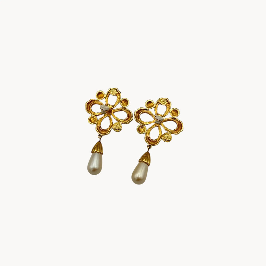 Back view with clips up Vintage Joan Rivers clip-on earrings with gold filigree design and faux pearl drops, 1990s bridal jewelry.
