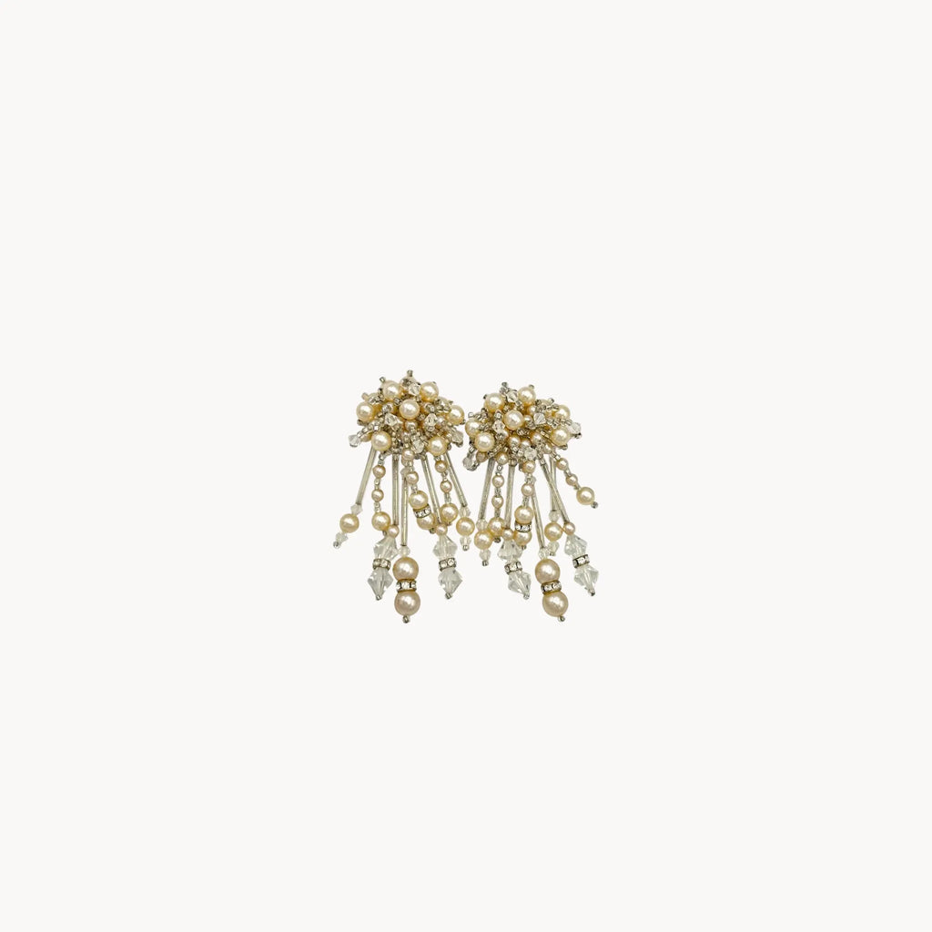 Vintage Lois Ann Pearl & Crystal Beaded Cascade Clip-On Earrings on white background.