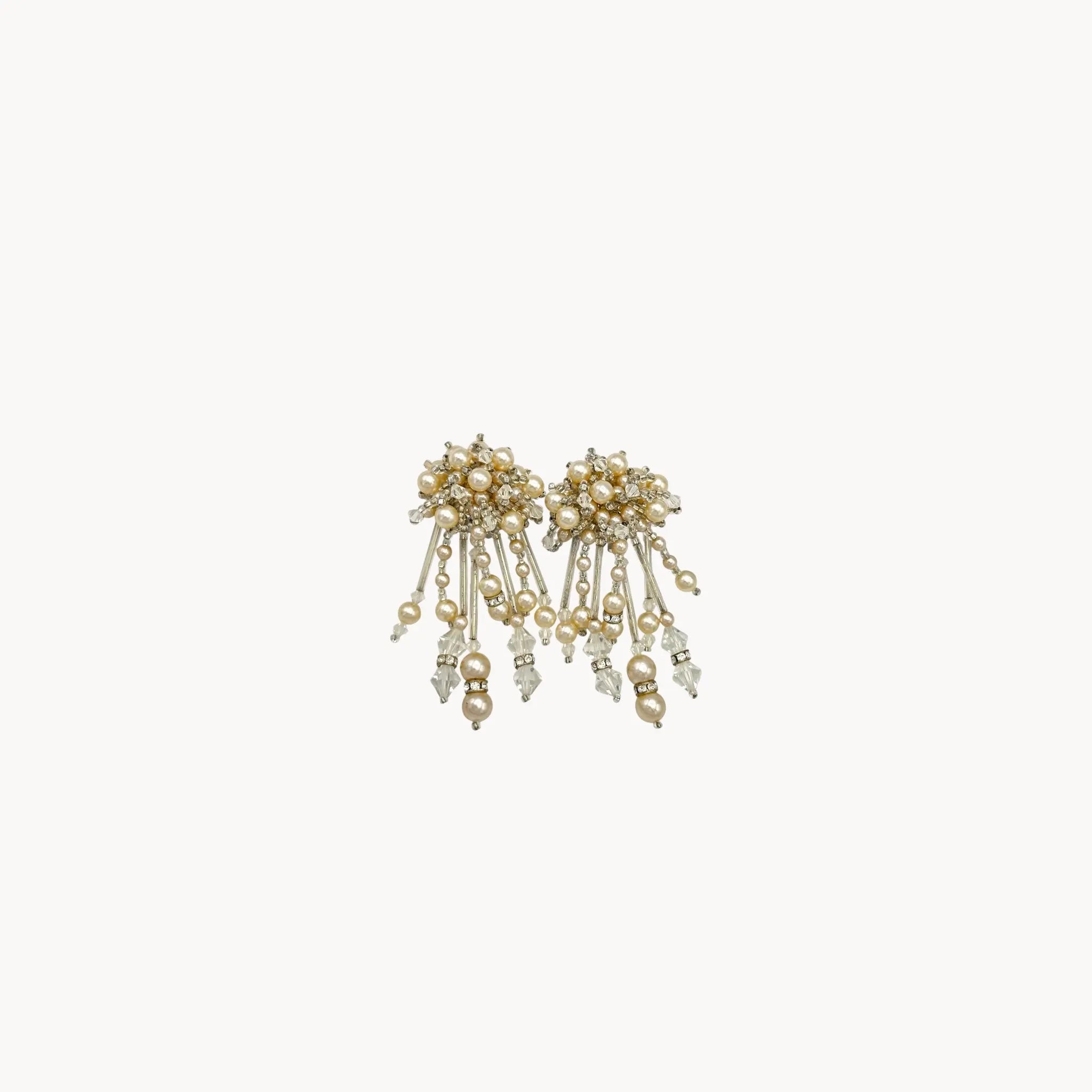 Vintage Lois Ann Pearl & Crystal Beaded Cascade Clip-On Earrings on white background.