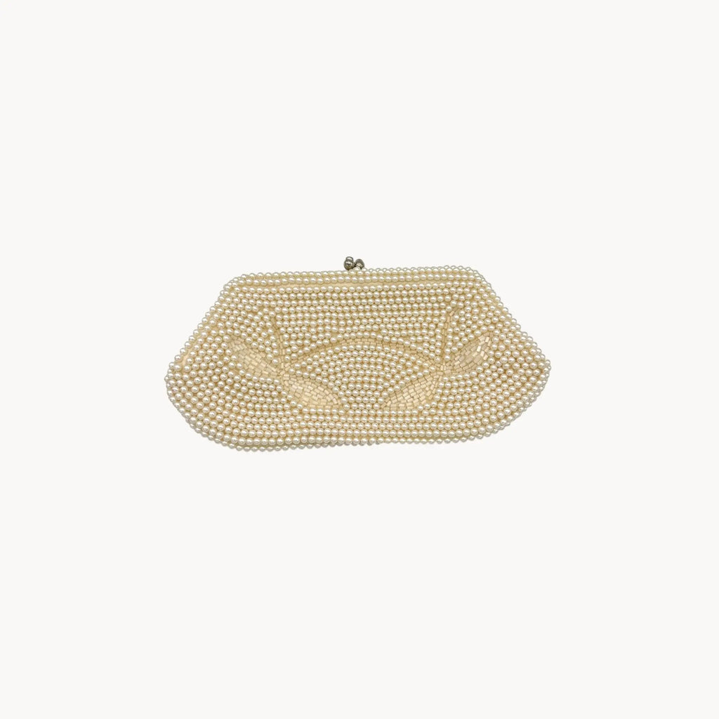 Vintage Made in Japan small pearl beaded clutch handbag, 1950 bridal purse on white background.
