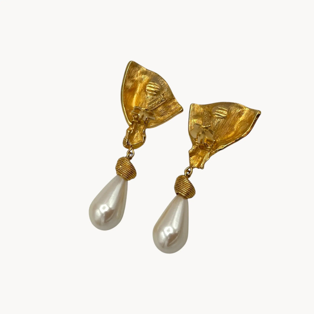 back view with clips up Vintage Marvella clip-on earrings with gold fan-shaped tops, crystal accents, and faux pearl drops, 1980s bridal jewelry.