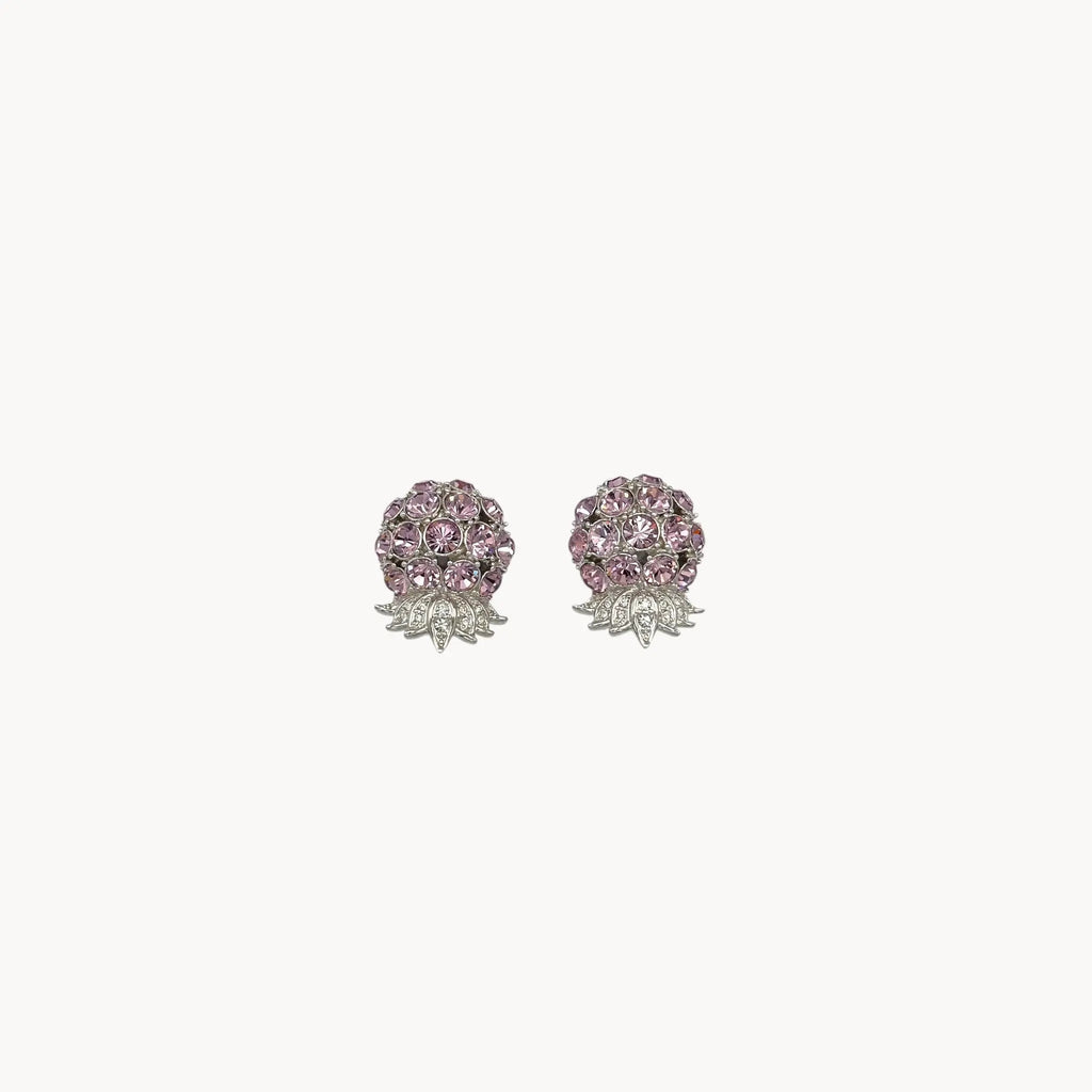 Vintage Nolan Miller rhinestone floral clip-on earrings with silver-tone leaves