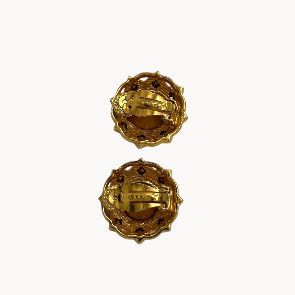Back view of Vintage St. John clip-on earrings with round crystal centers and square-cut crystal frame in gold-tone setting, bridal jewelry.
