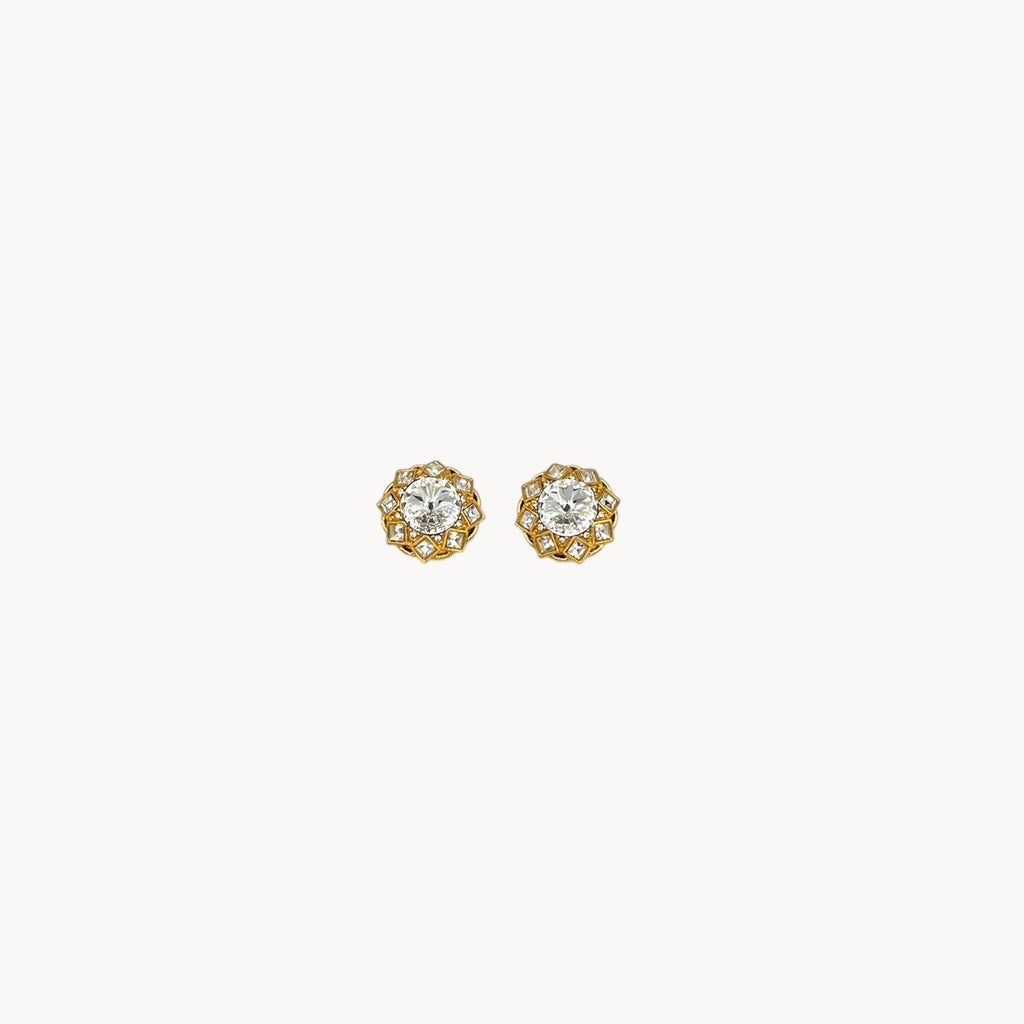 Vintage St. John clip-on earrings with round crystal centers and square-cut crystal frame in gold-tone setting, bridal jewelry.