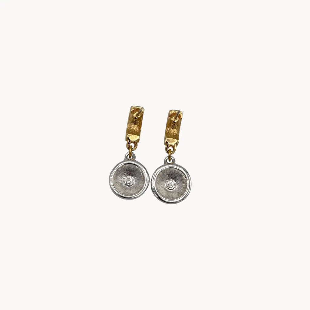 Back view of vintage Swarovski gold and crystal pavé dangle earrings with hoop top and round drop, vintage bridal jewelry.