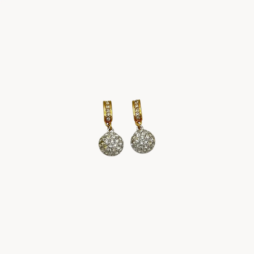 Vintage Swarovski gold and crystal pavé dangle earrings with hoop top and round drop, vintage bridal jewelry.